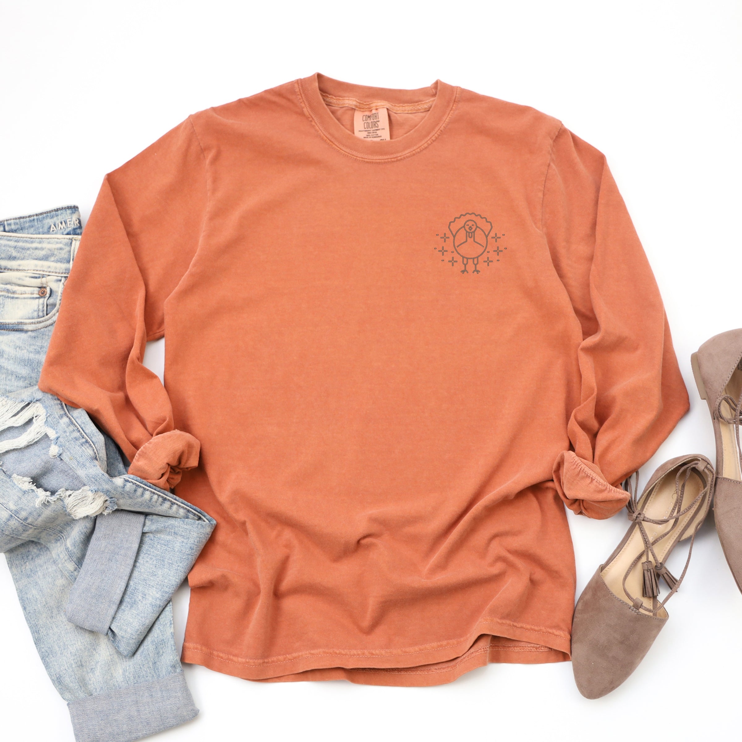 Embroidered Turkey Sparkles - Women's Garment Dyed Long Sleeve