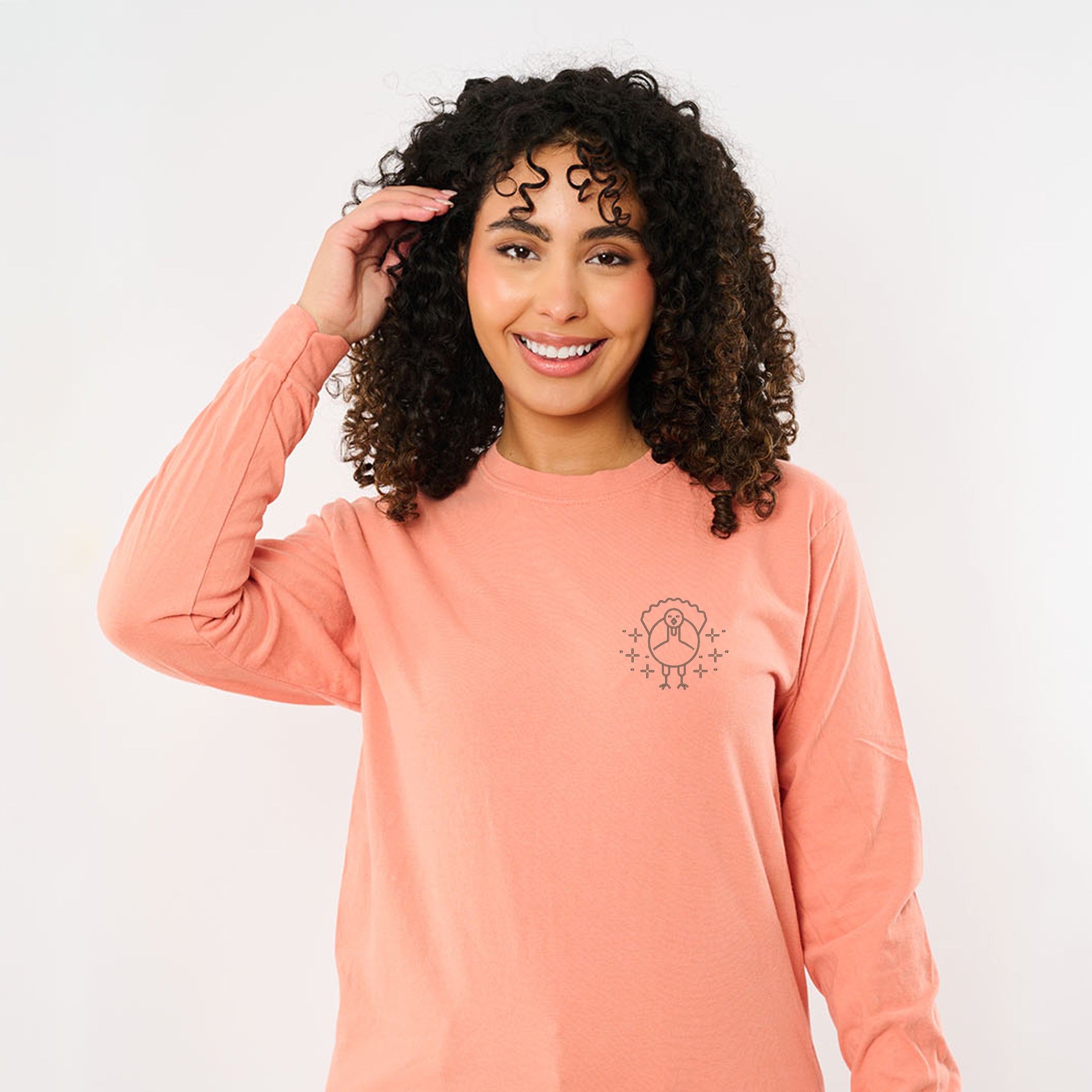 Embroidered Turkey Sparkles - Women's Garment Dyed Long Sleeve