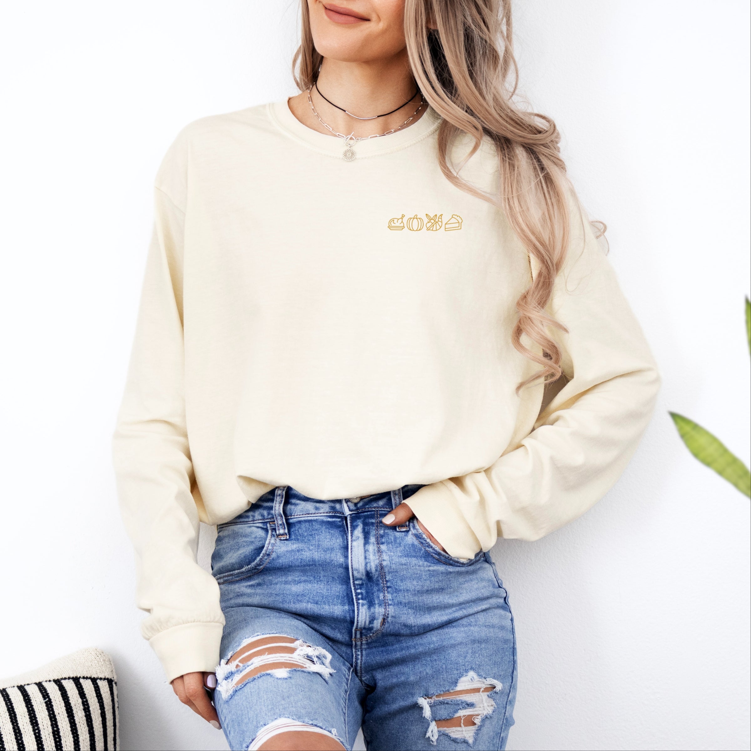 Embroidered Thanksgiving Icons - Womens Garment Dyed Long Sleeve