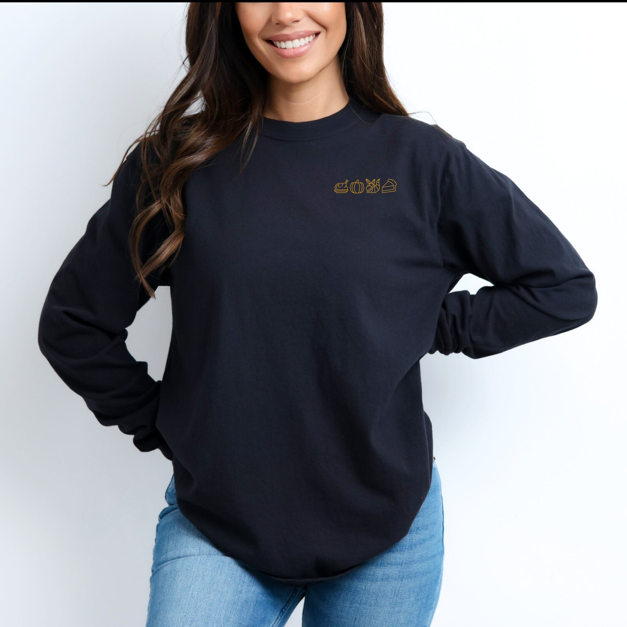 Embroidered Thanksgiving Icons - Womens Garment Dyed Long Sleeve