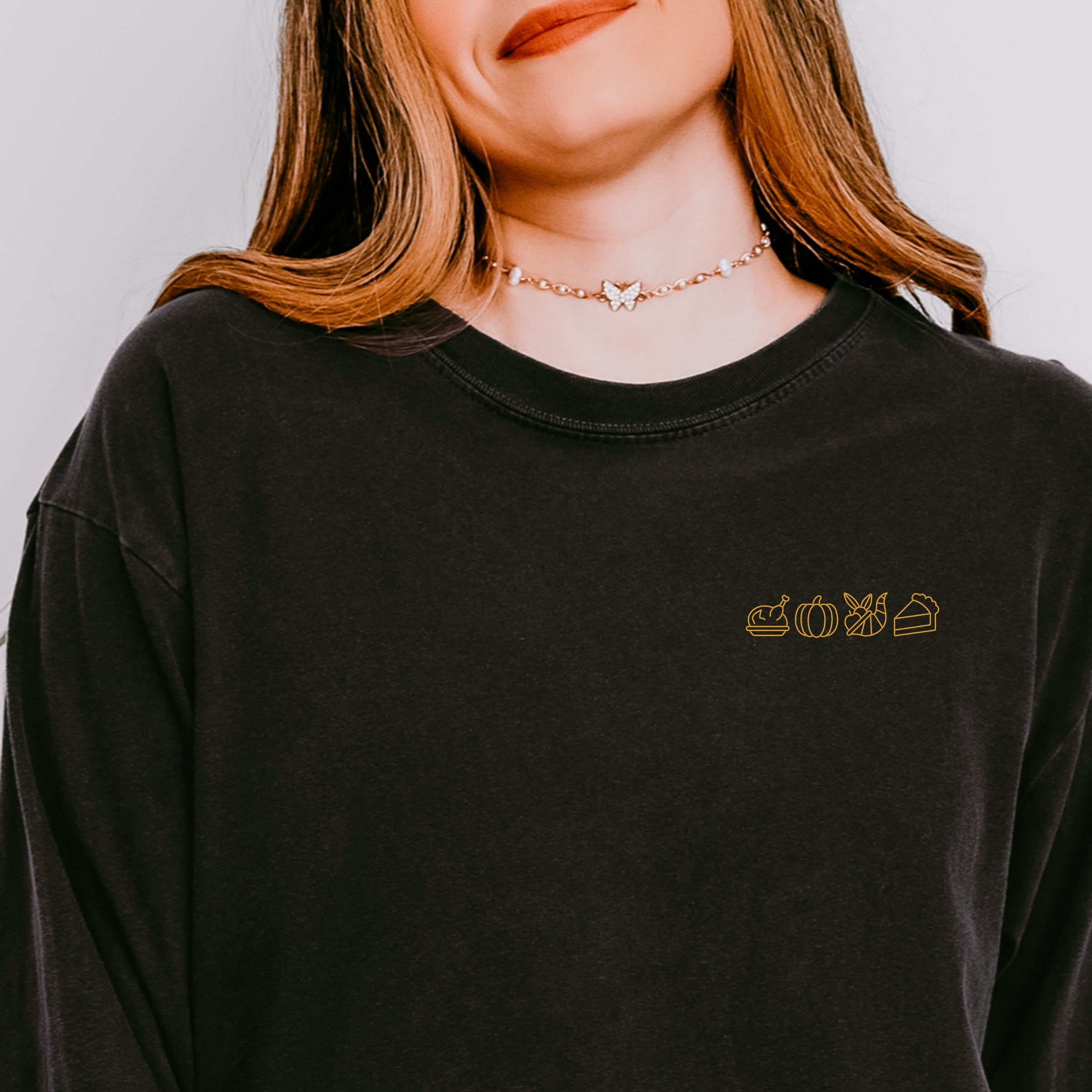 Embroidered Thanksgiving Icons - Womens Garment Dyed Long Sleeve