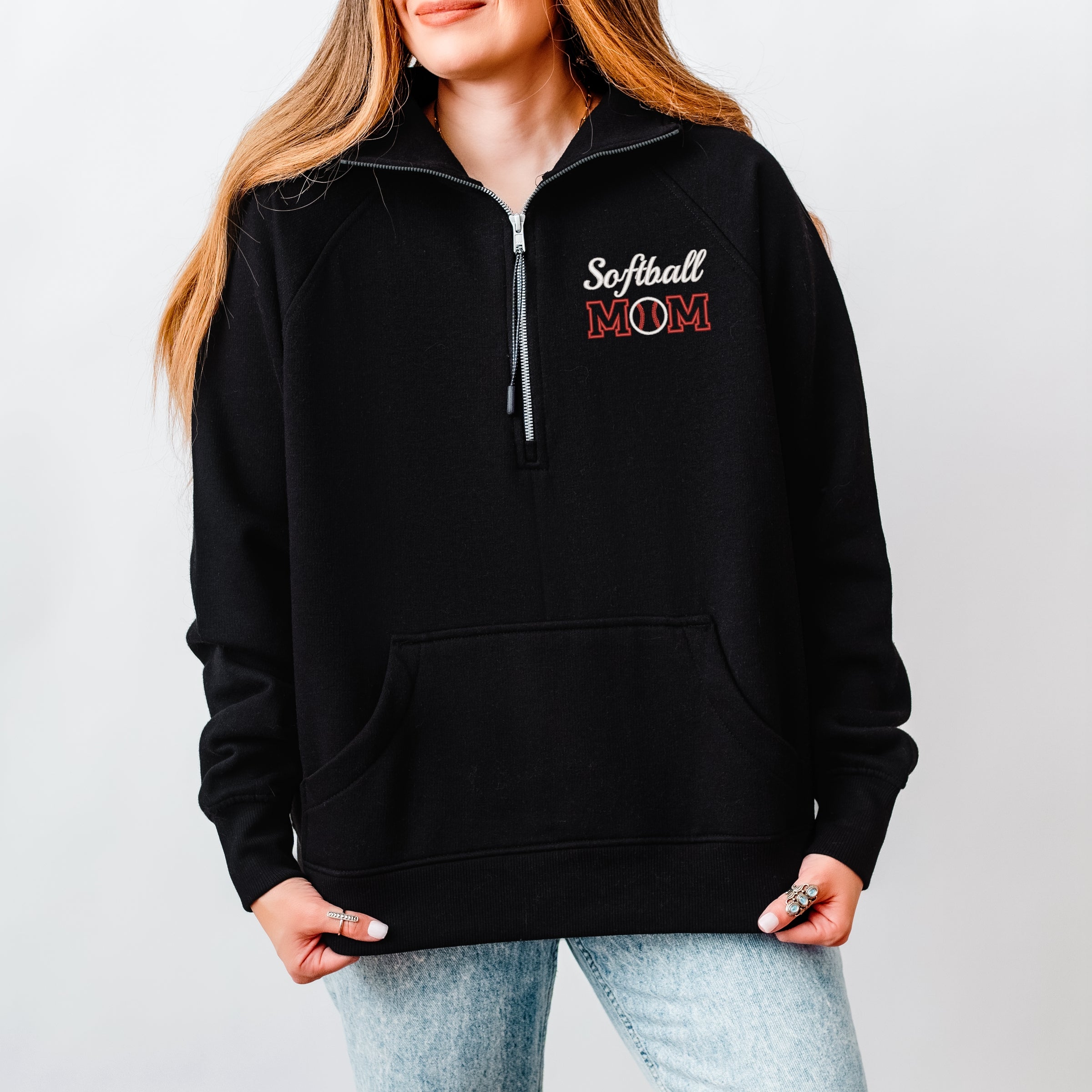 Embroidered Softball Mom - Women's Quarter Zip Fleece Graphic Sweatshirt