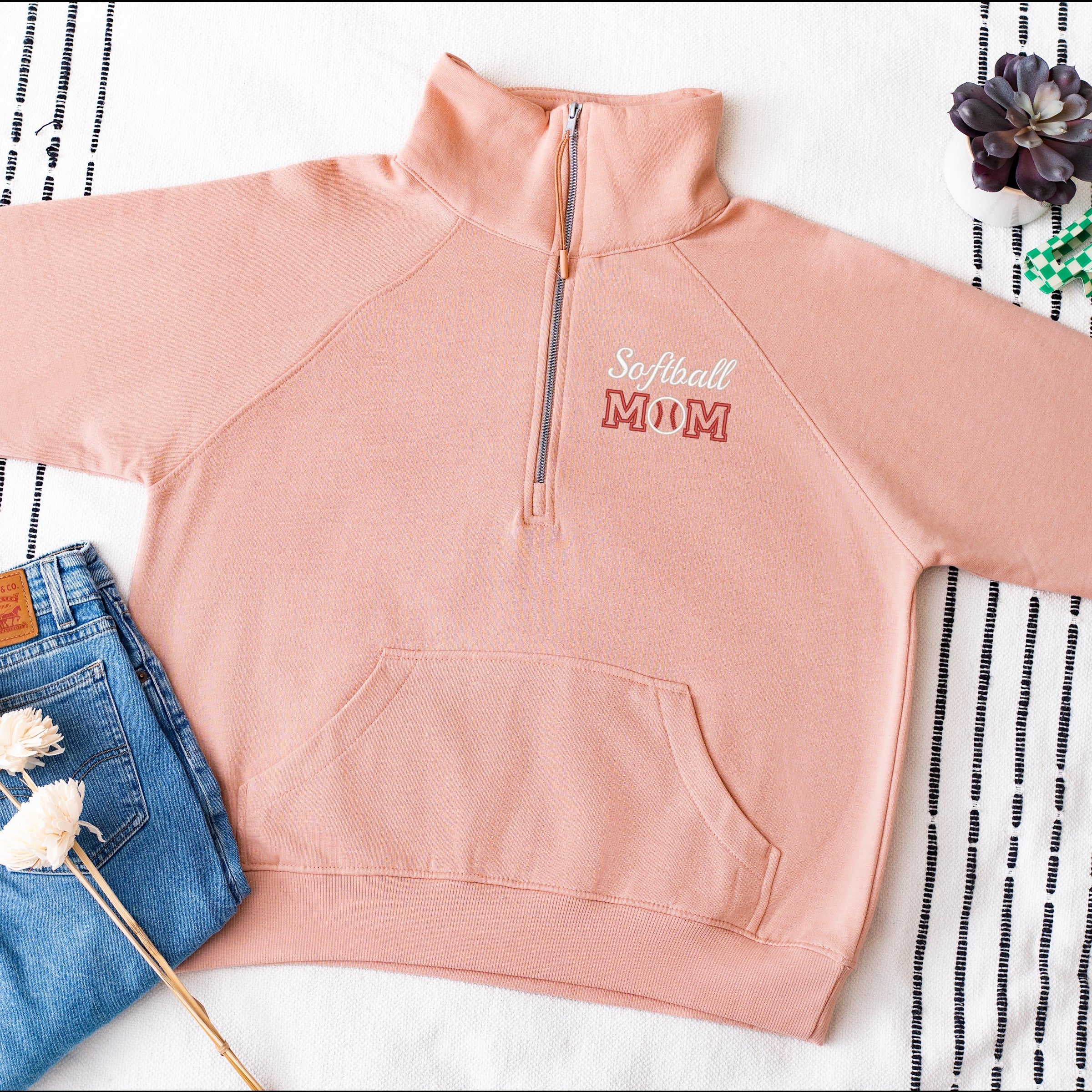 Embroidered Softball Mom - Women's Quarter Zip Fleece Graphic Sweatshirt