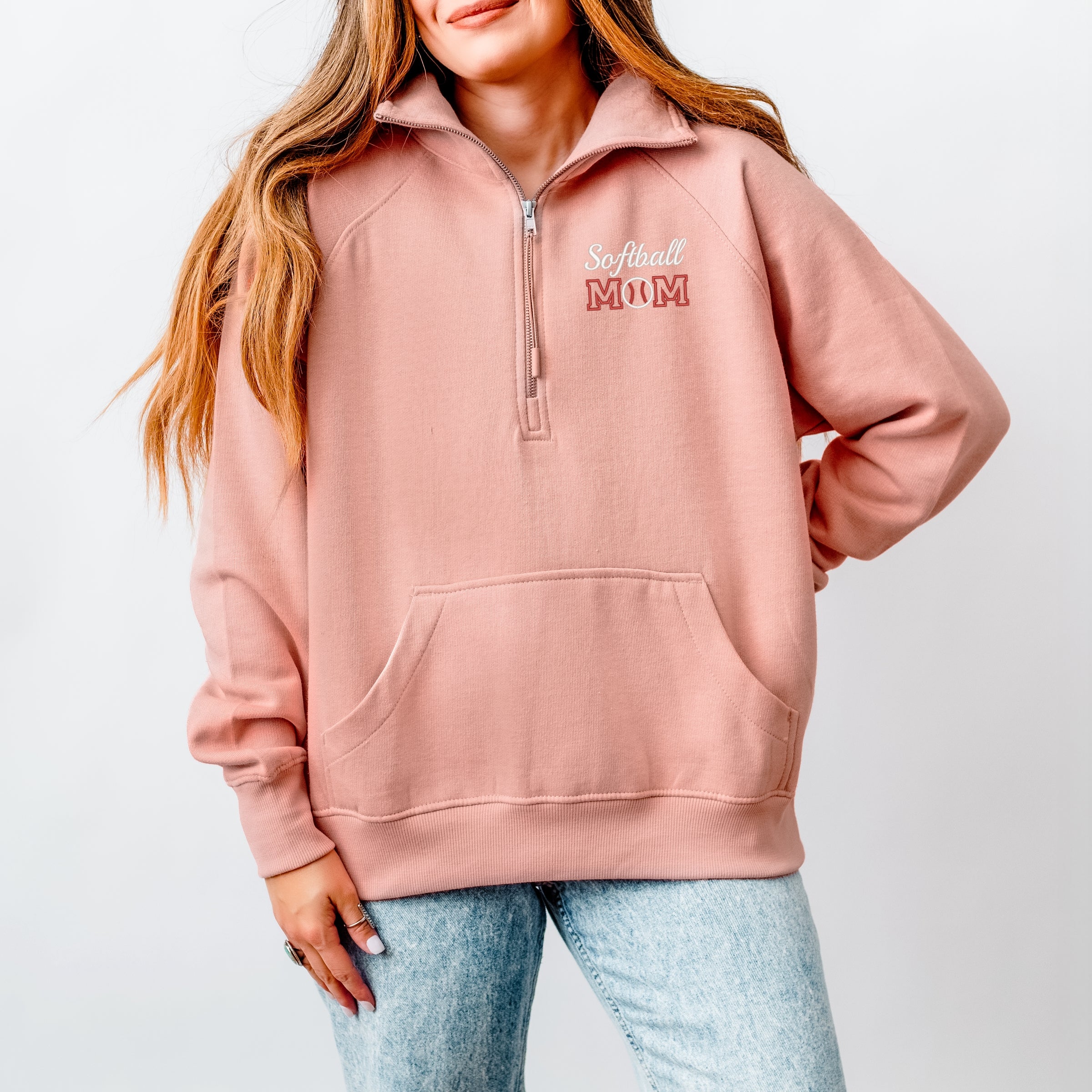 Embroidered Softball Mom - Women's Quarter Zip Fleece Graphic Sweatshirt