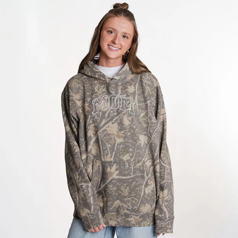 Embroidered Mom Varsity Outline - Camo Hoodie