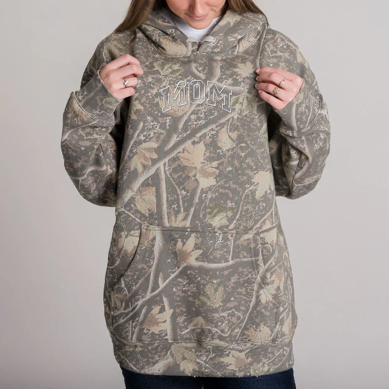 Embroidered Mom Varsity Outline - Camo Hoodie