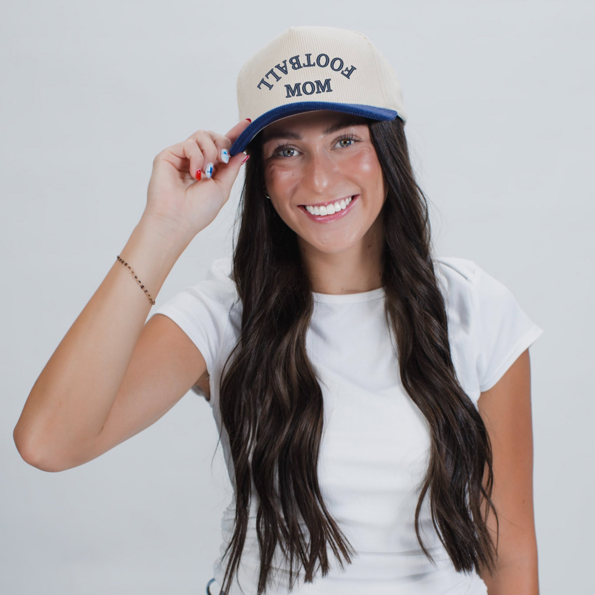 Embroidered Football Mom Upside Down Arch - Women's Corduroy Trucker Hat