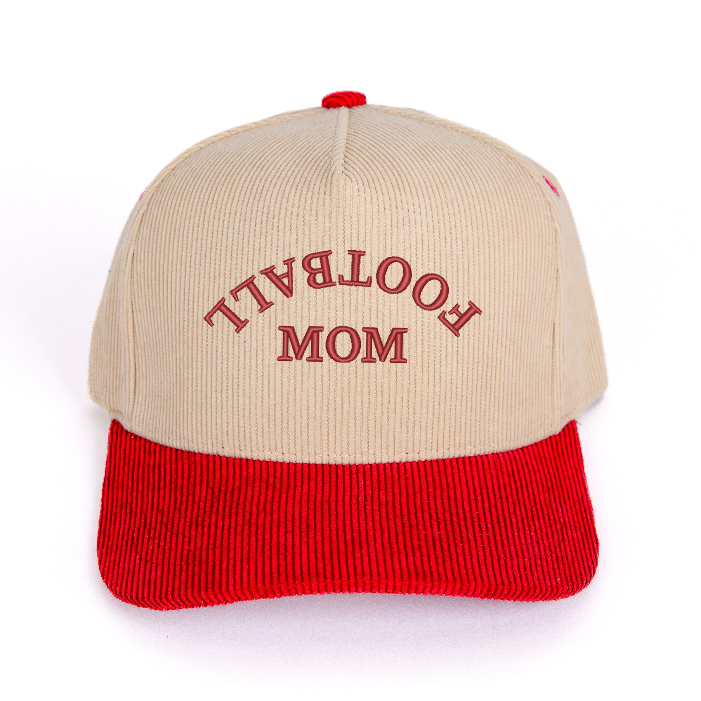 Embroidered Football Mom Upside Down Arch - Women's Corduroy Trucker Hat