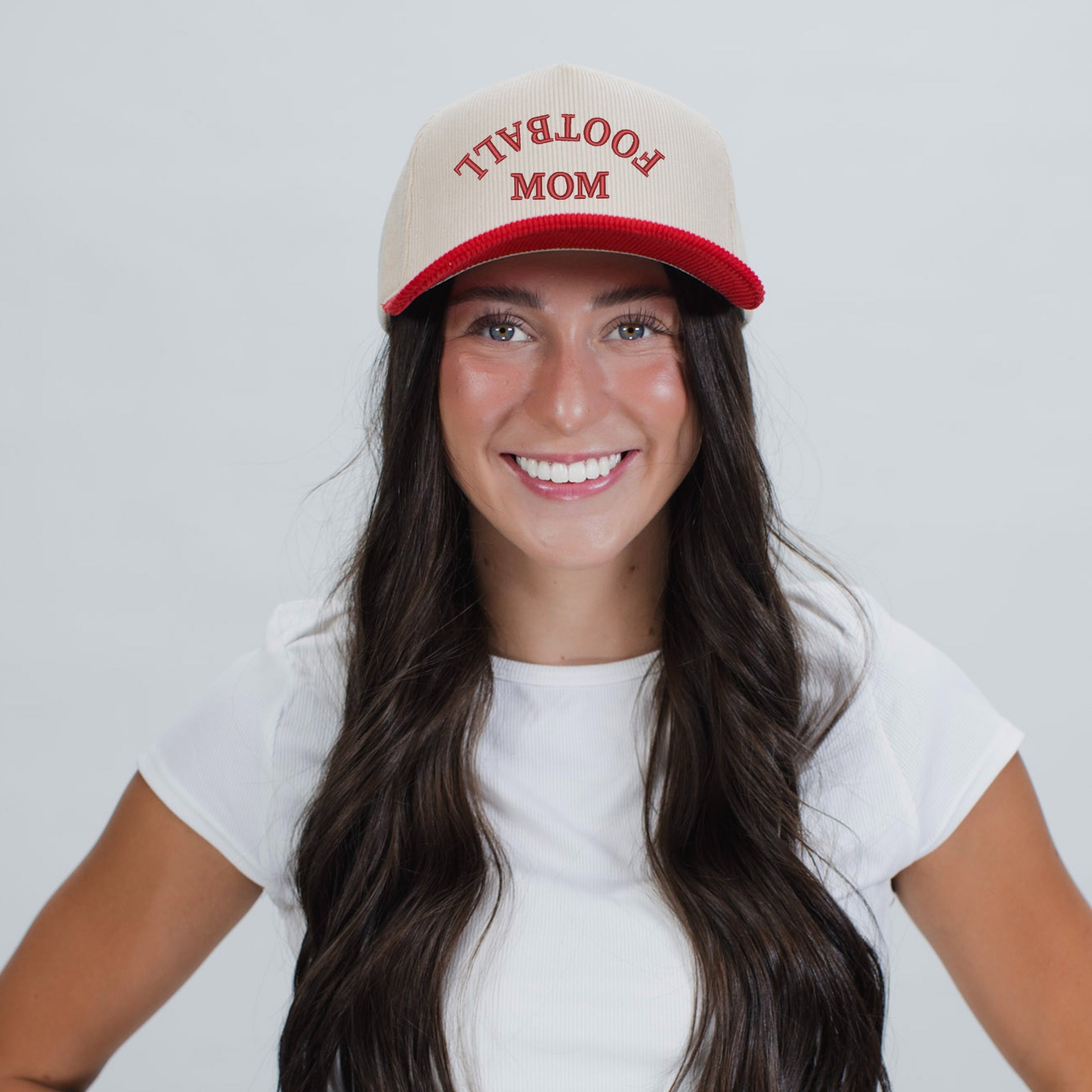Embroidered Football Mom Upside Down Arch - Women's Corduroy Trucker Hat