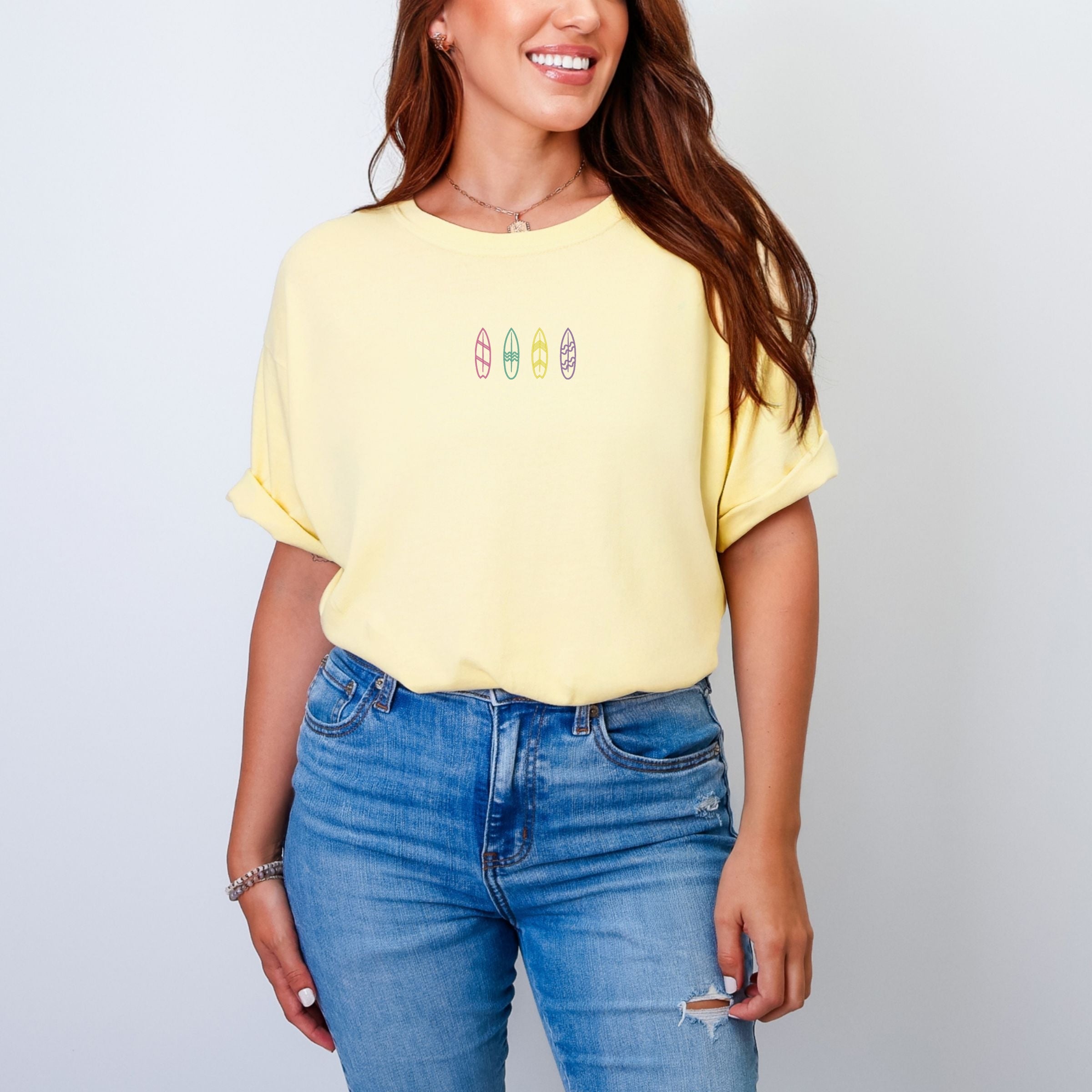 Embroidered Surf Boards - Women's Garment Dyed Graphic T-Shirt