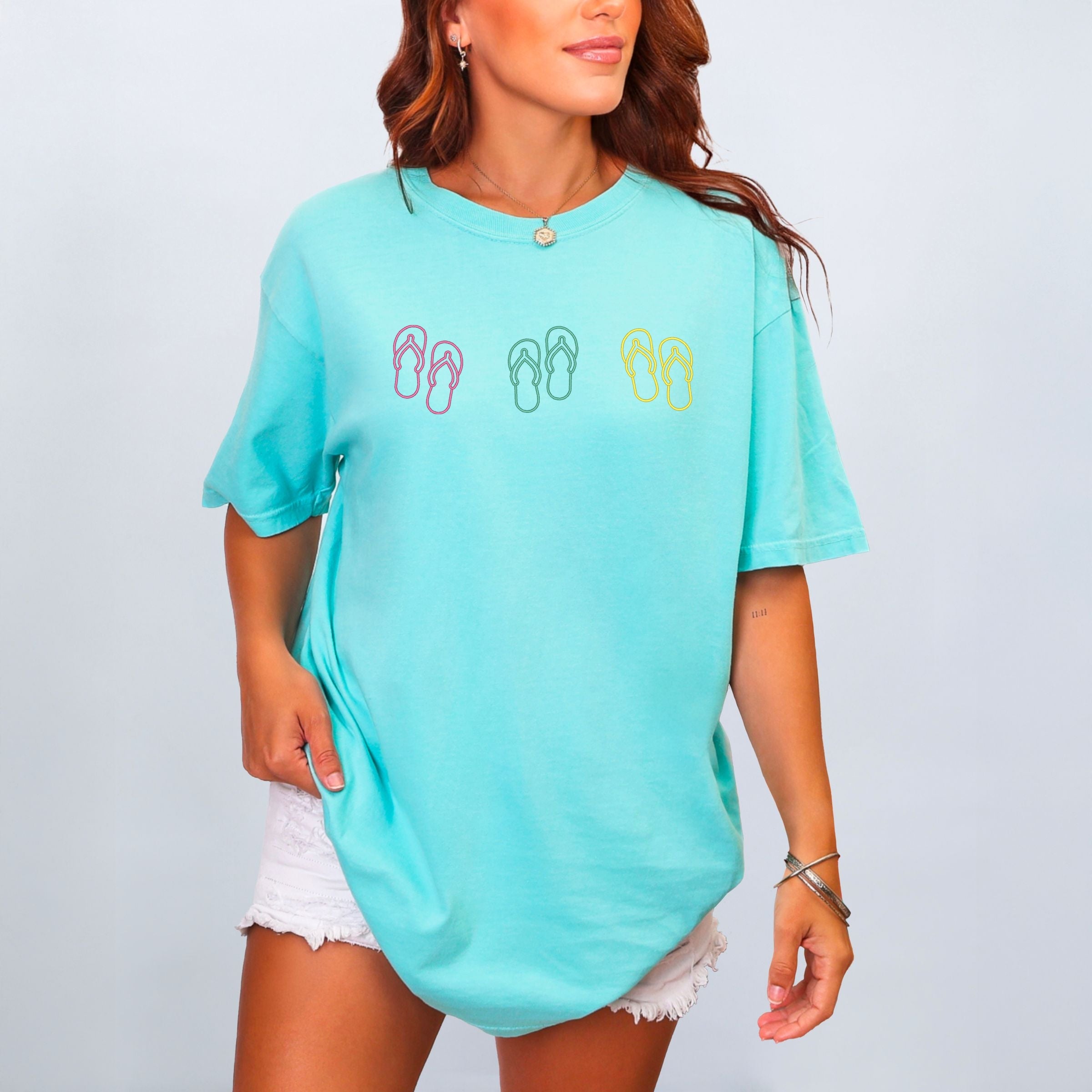 Embroidered Flip Flops - Women's Garment Dyed Graphic T-Shirt