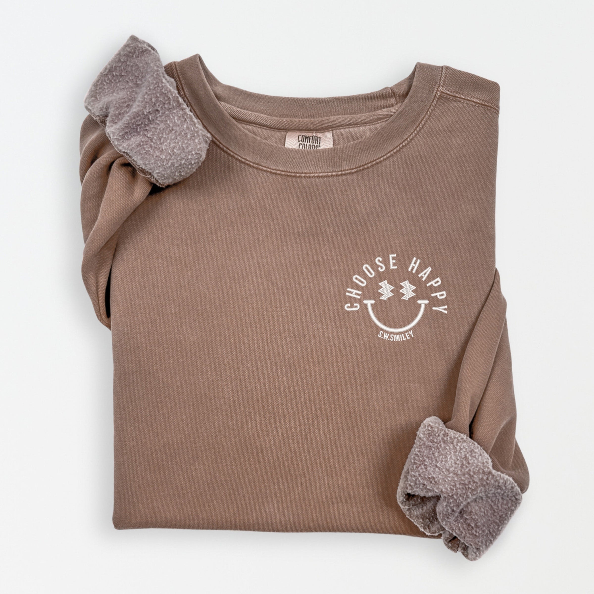 S.W.Smiley Embroidered Choose Happy Lightning Face - Women's Lightweight Garment Dyed Sweatshirt