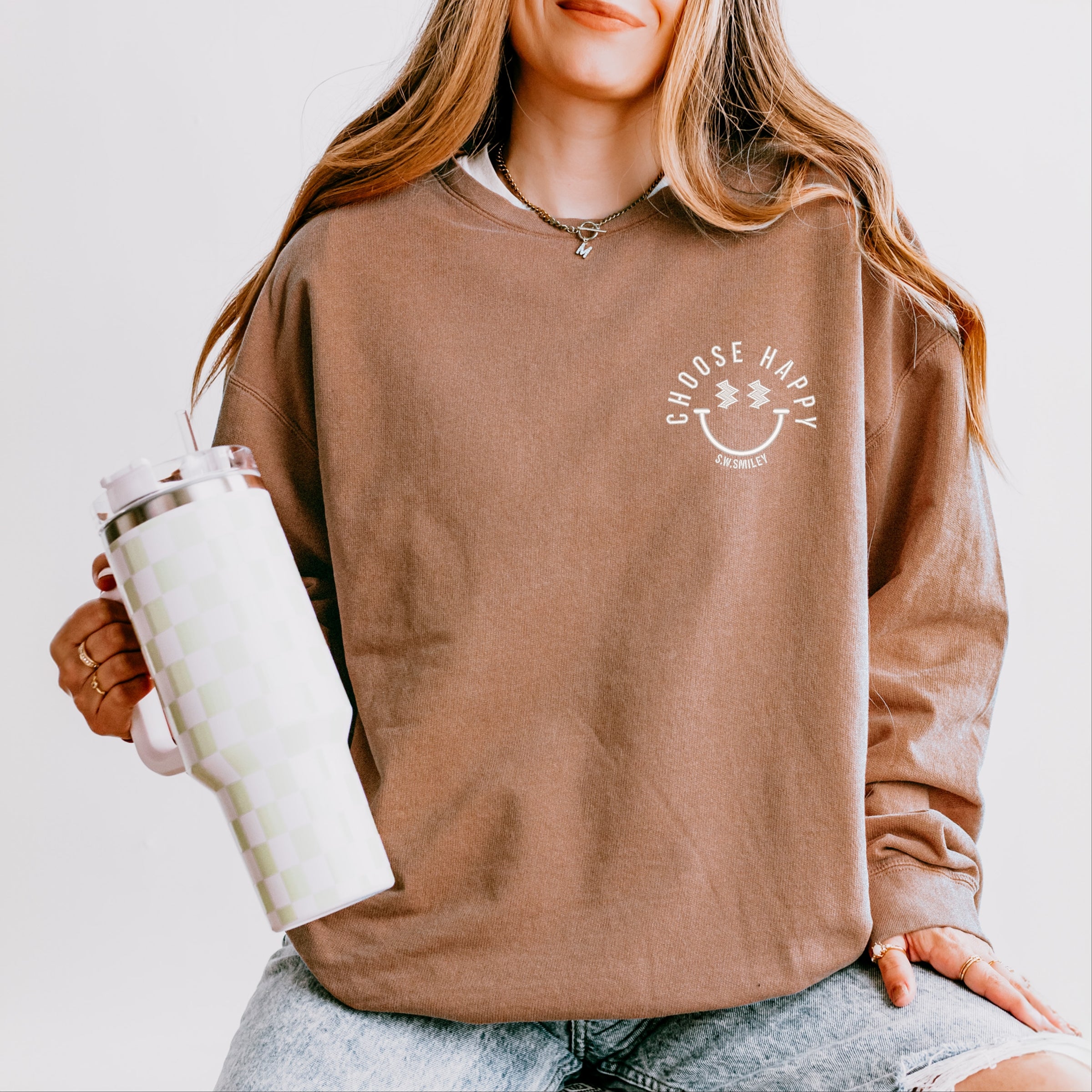 S.W.Smiley Embroidered Choose Happy Lightning Face - Women's Lightweight Garment Dyed Sweatshirt