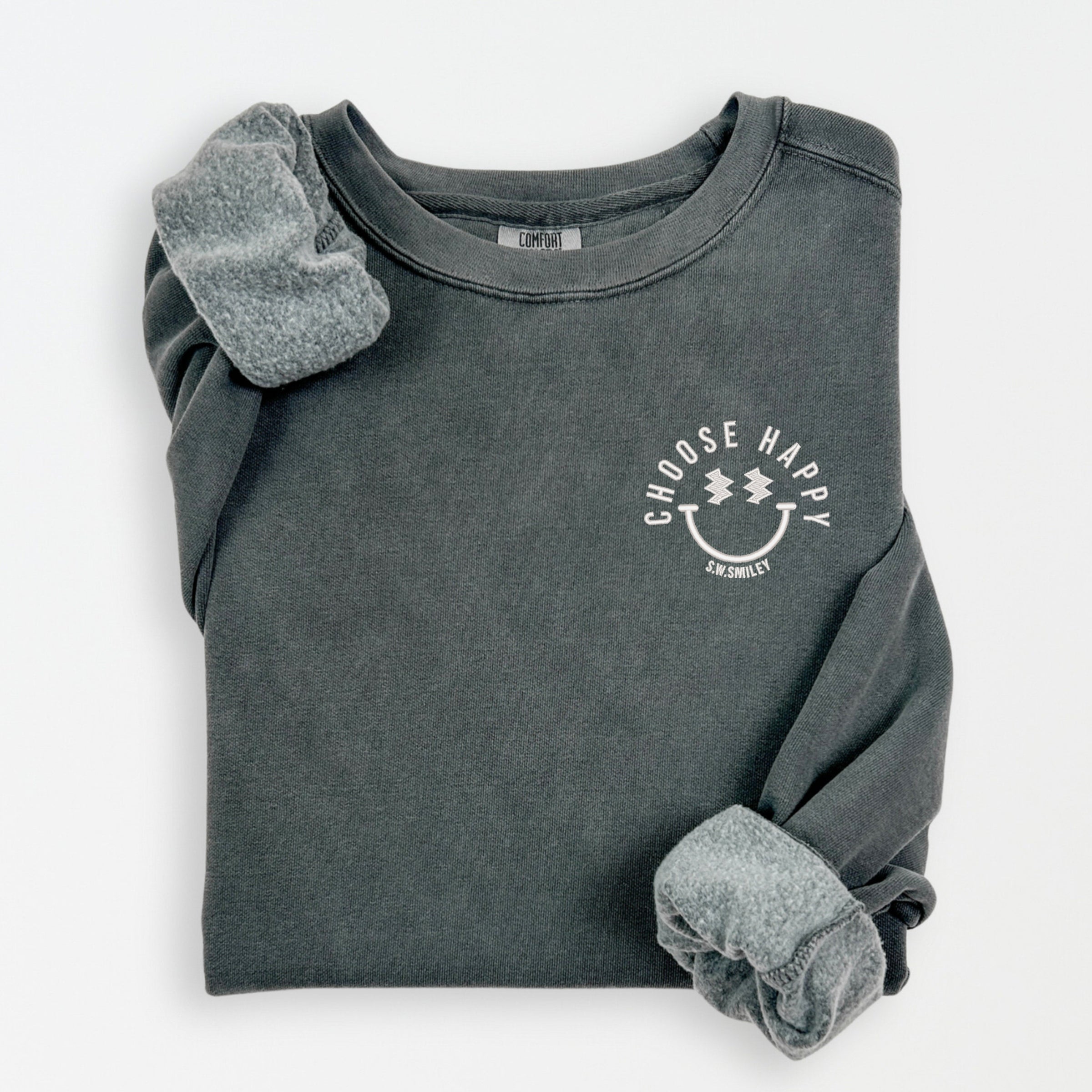 S.W.Smiley Embroidered Choose Happy Lightning Face - Women's Lightweight Garment Dyed Sweatshirt