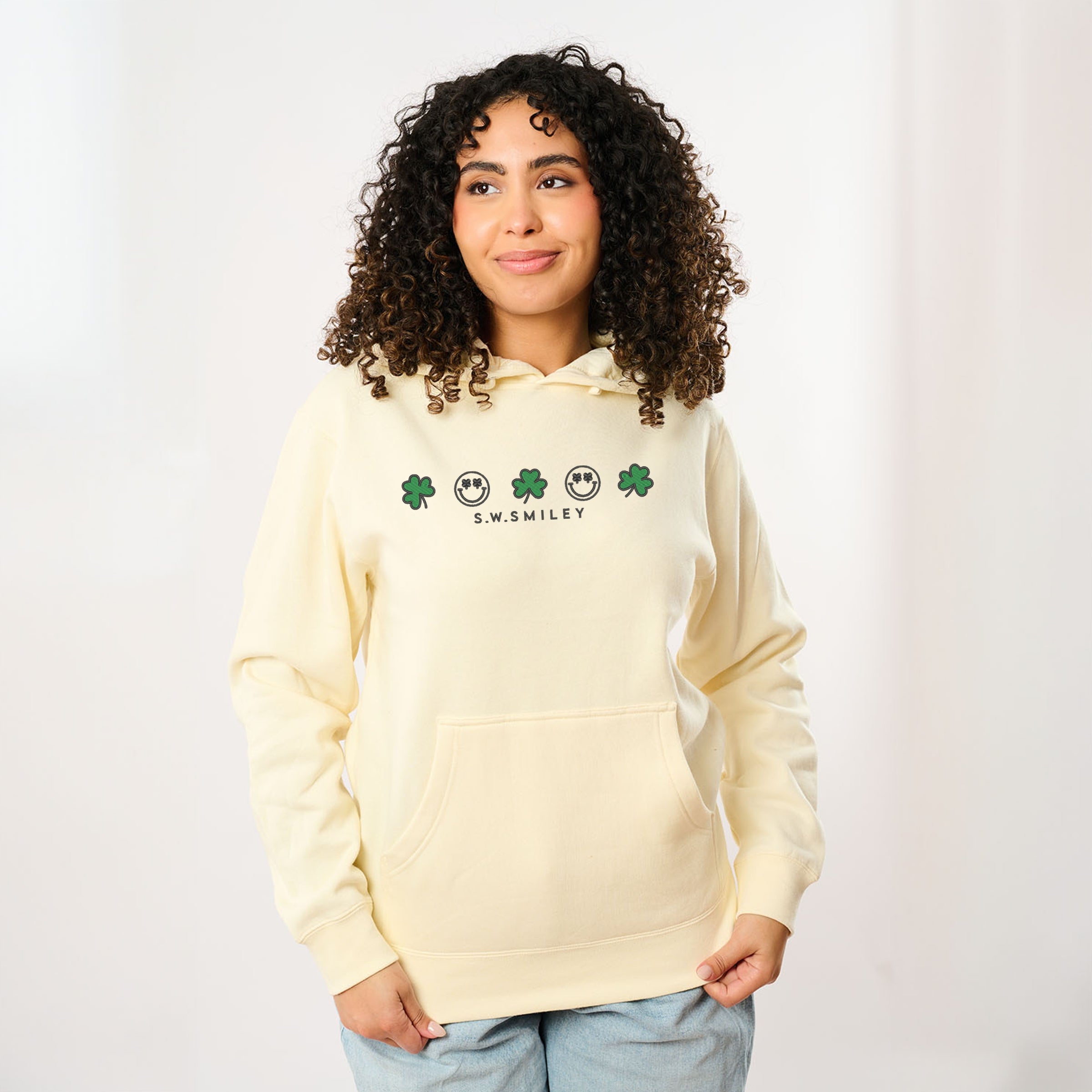 Embroidered S.W. Smiley Clovers Row - Women's Graphic Hoodie