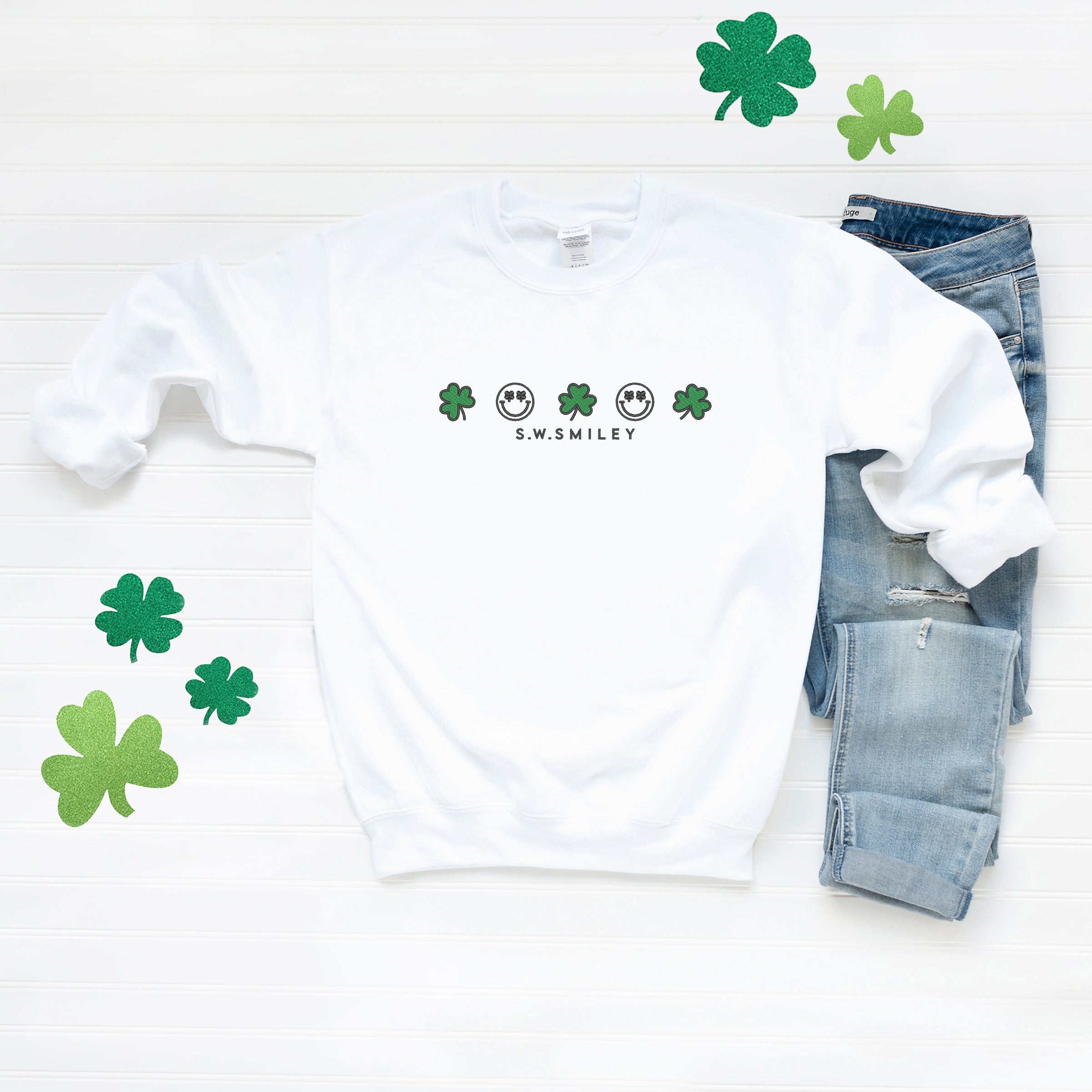 Embroidered S.W. Smiley Clovers Row - Women's Graphic Sweatshirt