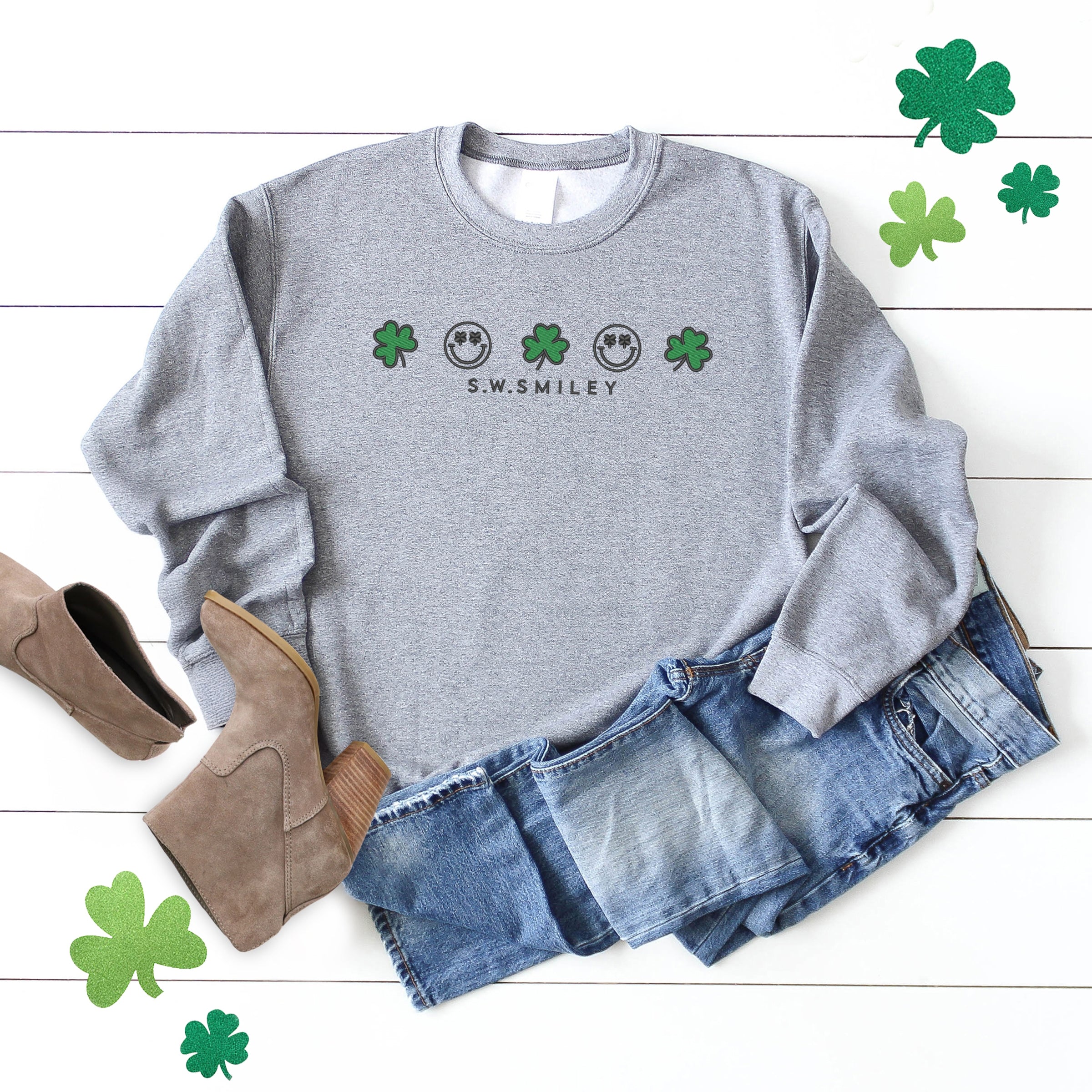 Embroidered S.W. Smiley Clovers Row - Women's Graphic Sweatshirt