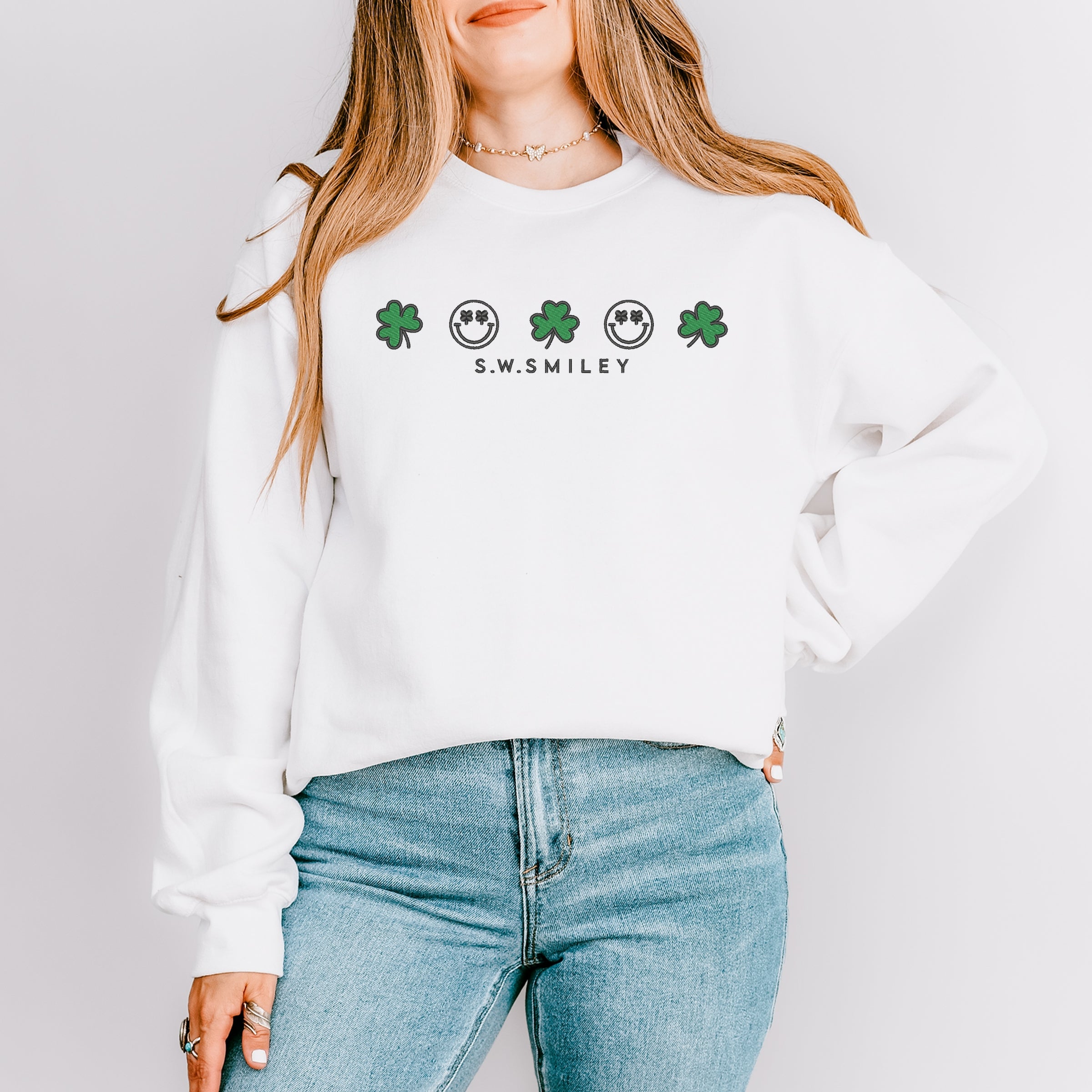 Embroidered S.W. Smiley Clovers Row - Women's Graphic Sweatshirt