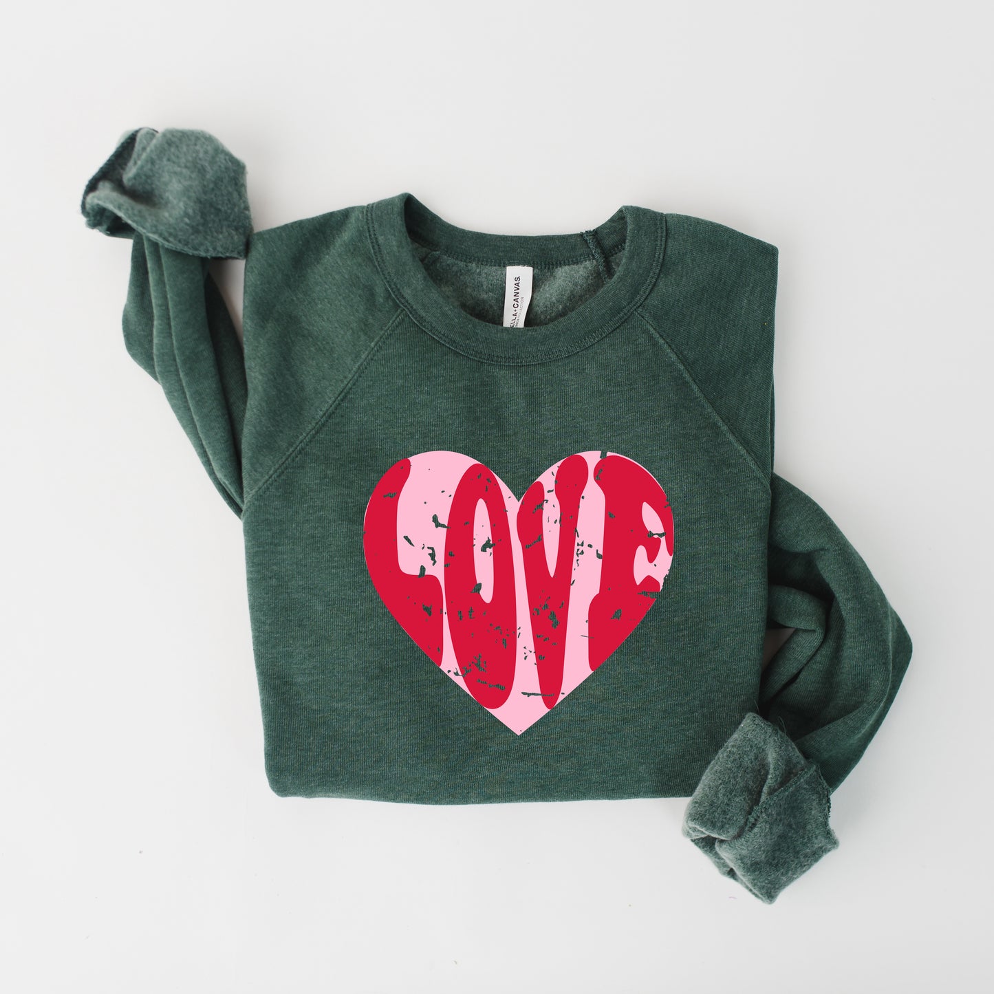 Pink Love Heart Distressed | Bella Canvas Sweatshirt