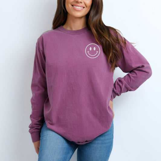 Embroidered Smiley Face Outline | Garment Dyed Long Sleeve