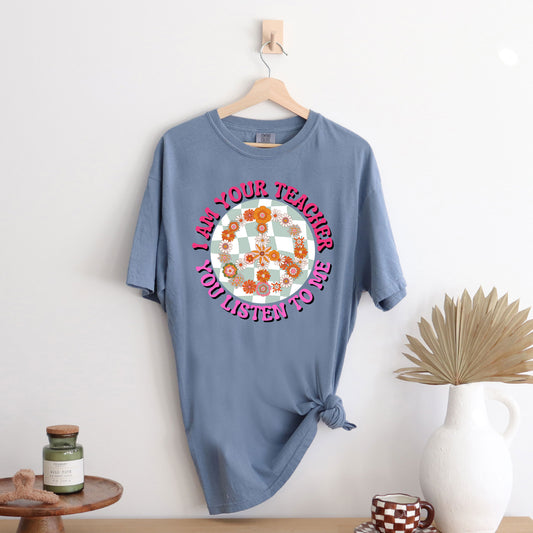 I Am Your Teacher Blue Checkered | Garment Dyed Short Sleeve Tee