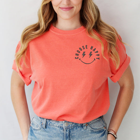 Embroidered Choose Happy Lightning Smiley Face | Garment Dyed Short Sleeve Tee