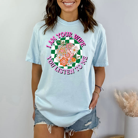 I Am Your Wife Green Checkered | Garment Dyed Short Sleeve Tee
