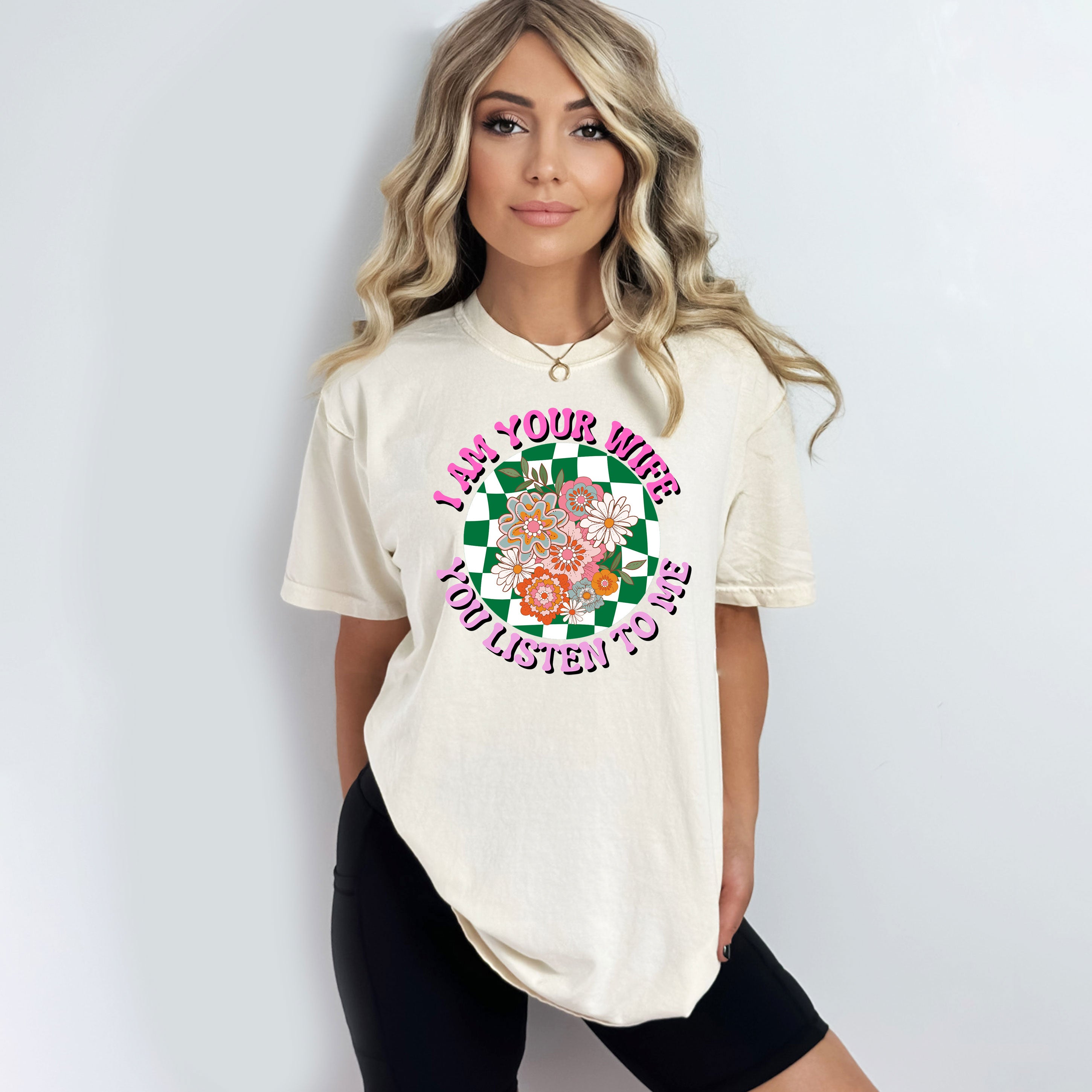 I Am Your Wife Green Checkered | Garment Dyed Short Sleeve Tee