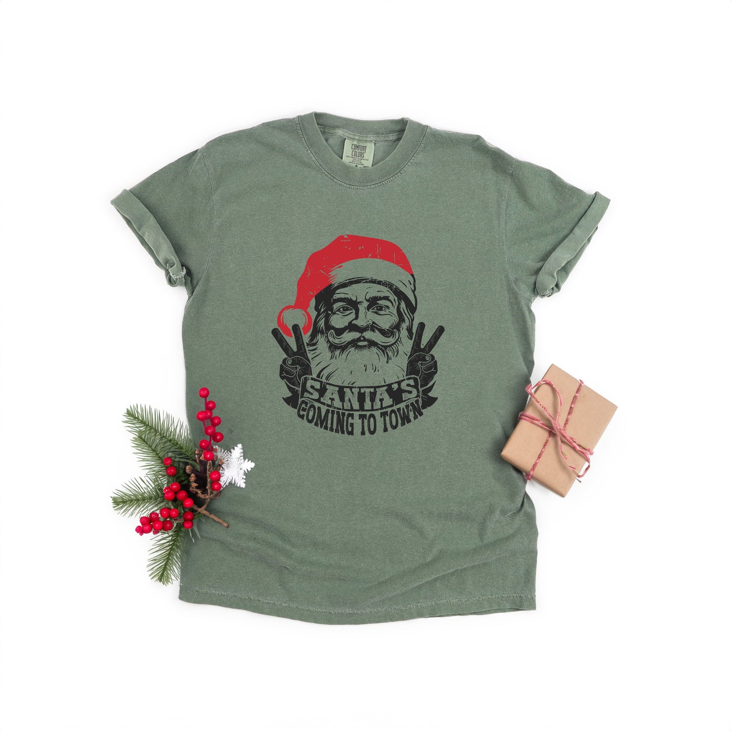 Santa's Coming To Town Peace | Garment Dyed Tee