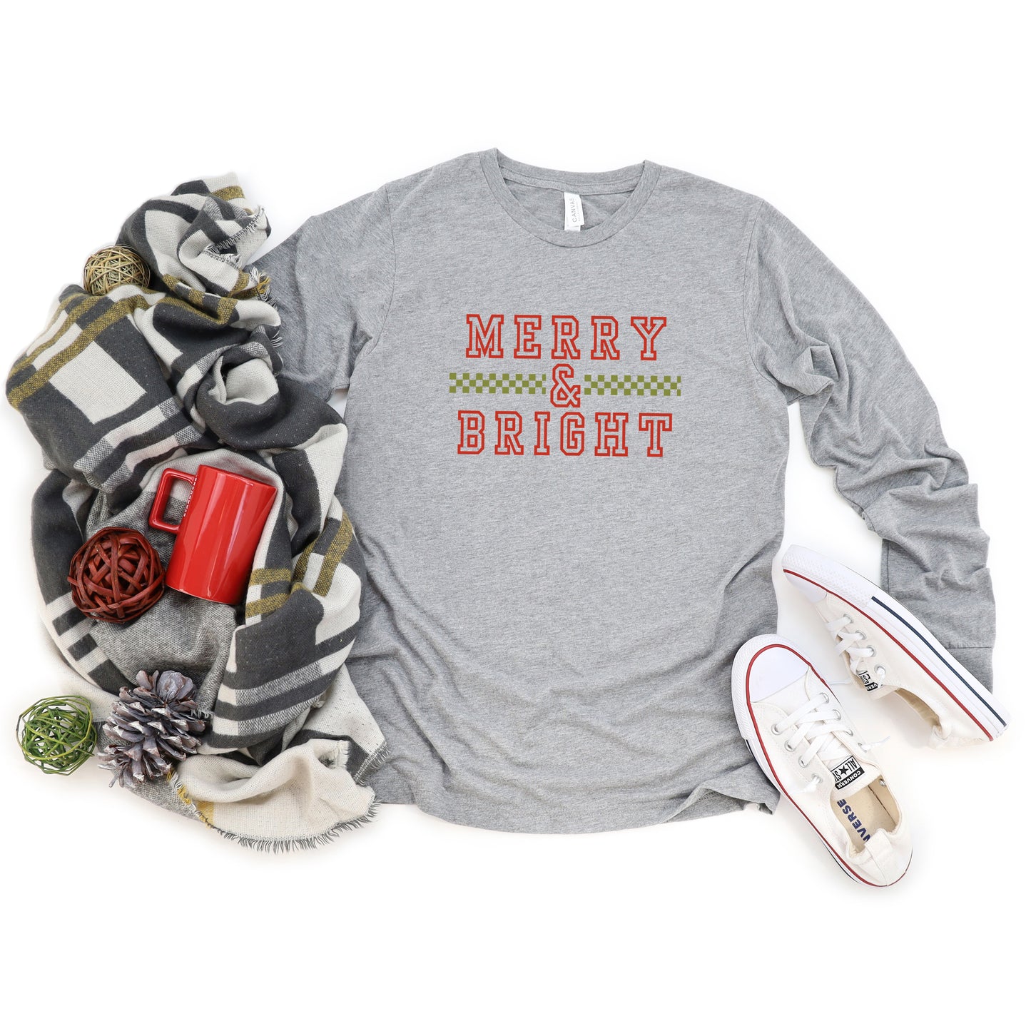 Merry and Bright Checkered | Long Sleeve Crew Neck