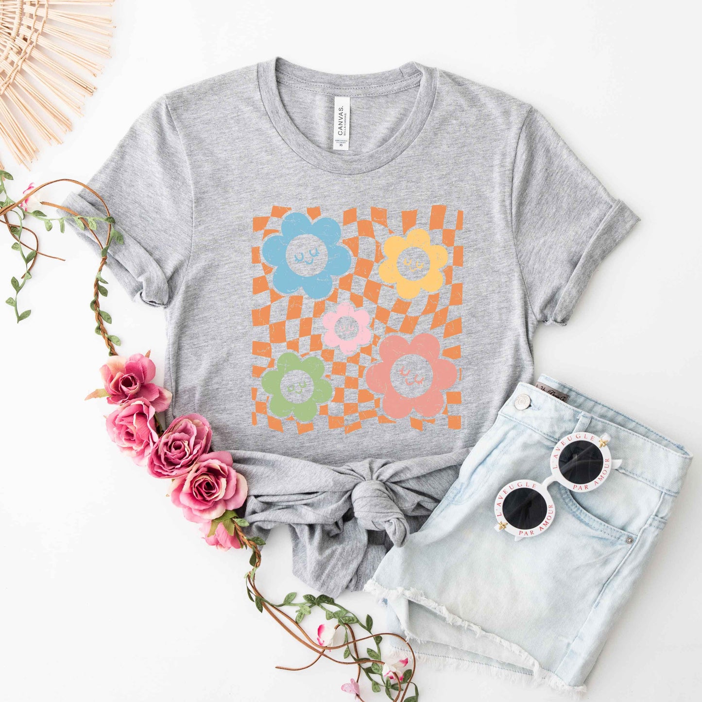 Checkered Flowers And Smiley | Short Sleeve Graphic Tee