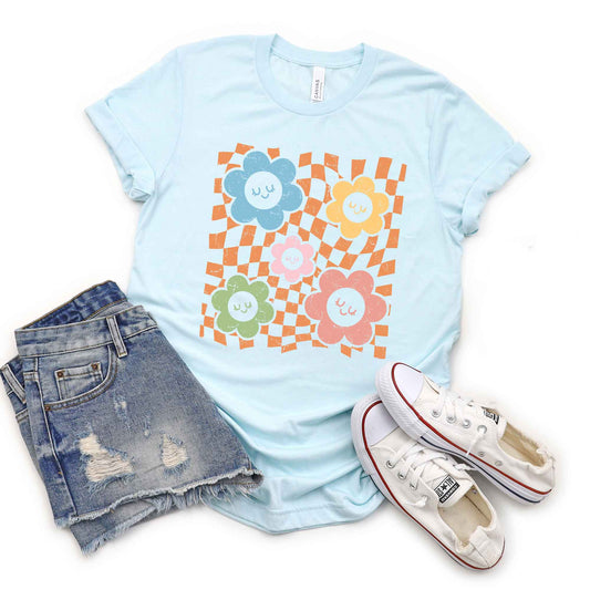 Checkered Flowers And Smiley | Short Sleeve Graphic Tee