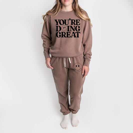 You're Doing Great Smiley Face | Lightweight Garment Dyed Sweatshirt Set