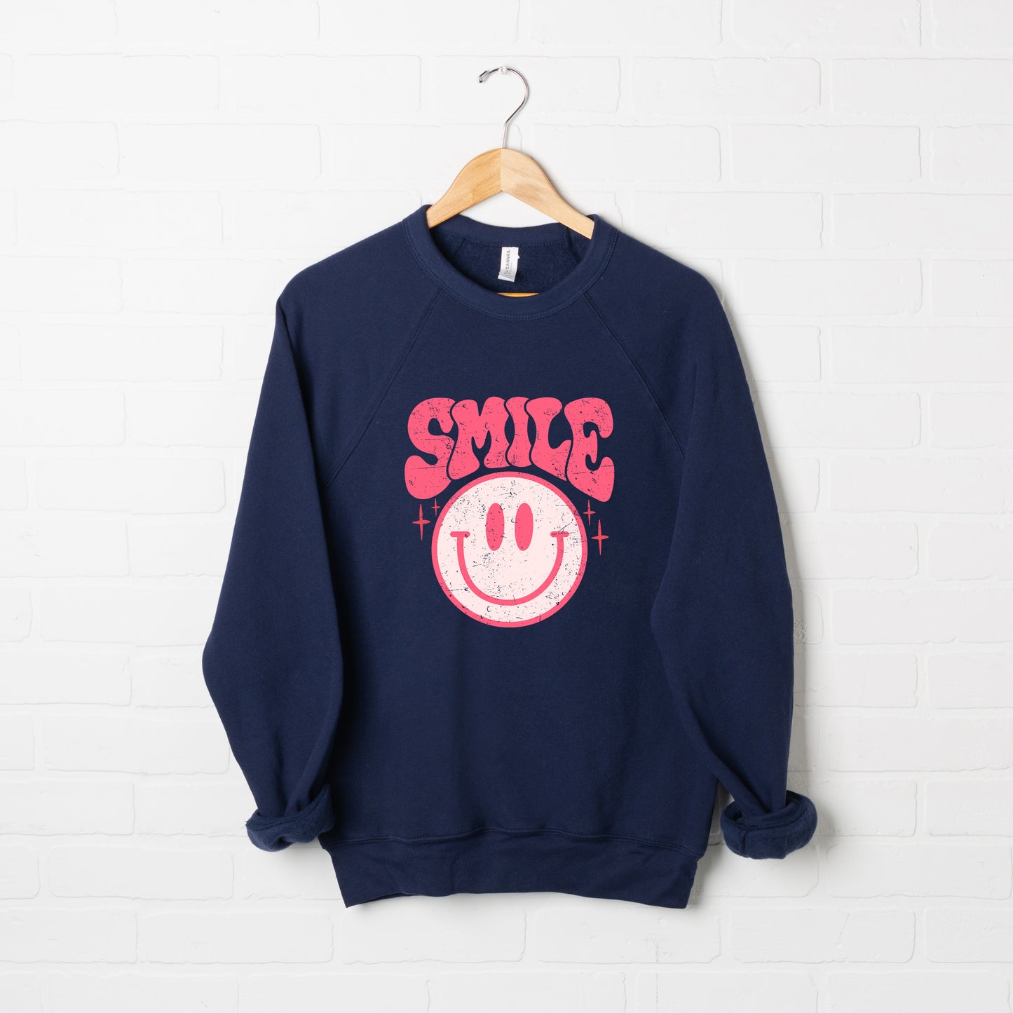 Pink Smiley Distressed | Bella Canvas Sweatshirt