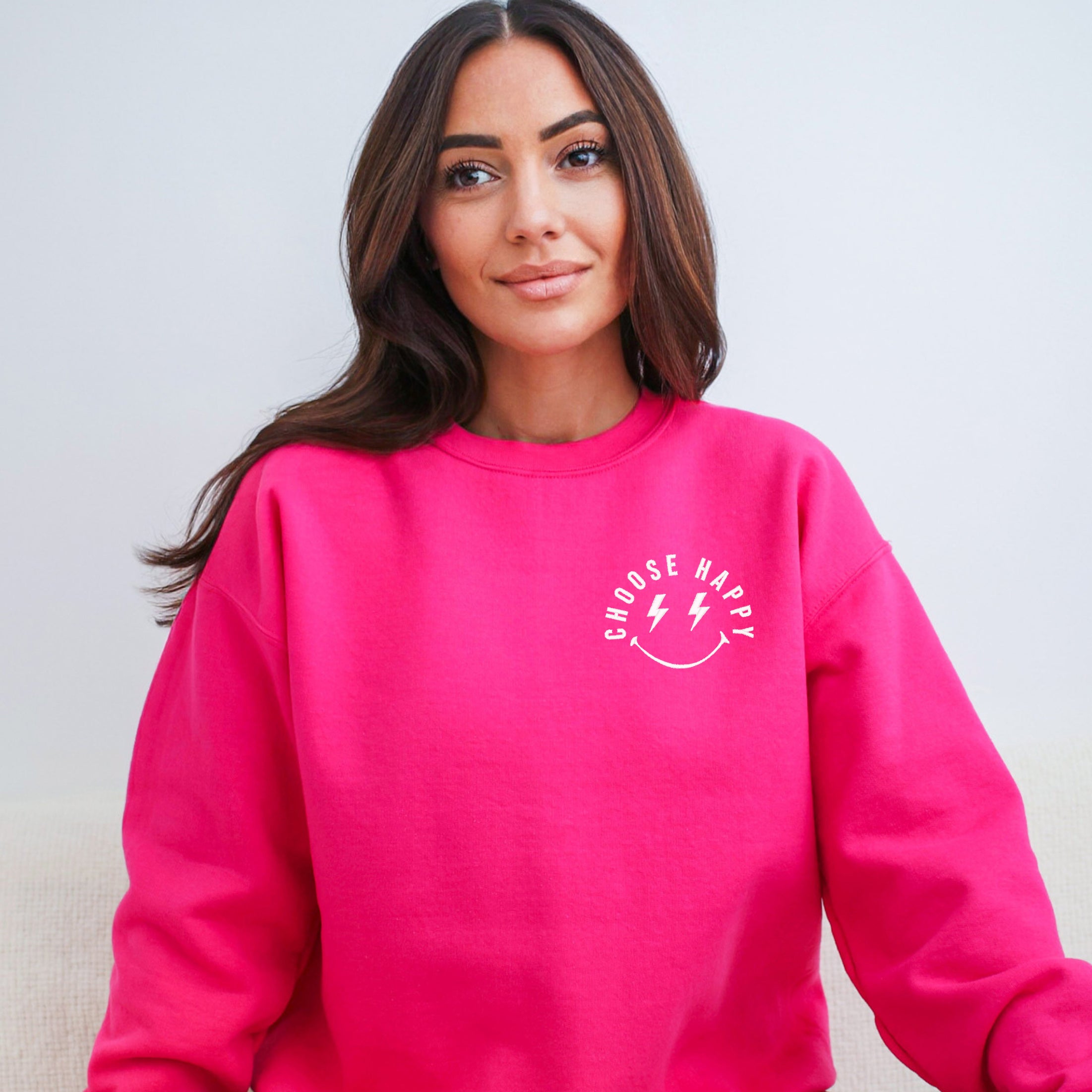 Embroidered Choose Happy Lightning Smiley Face | Sweatshirt