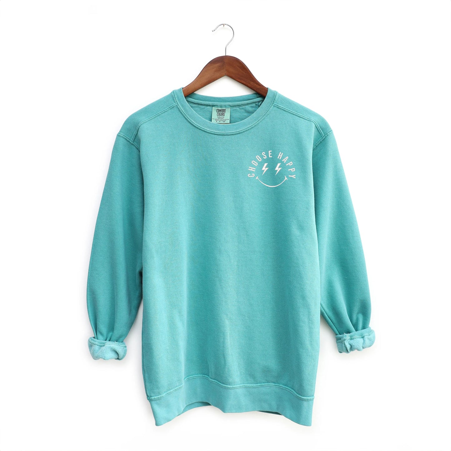 Embroidered Choose Happy Lightning Smiley Face | Garment Dyed Sweatshirt