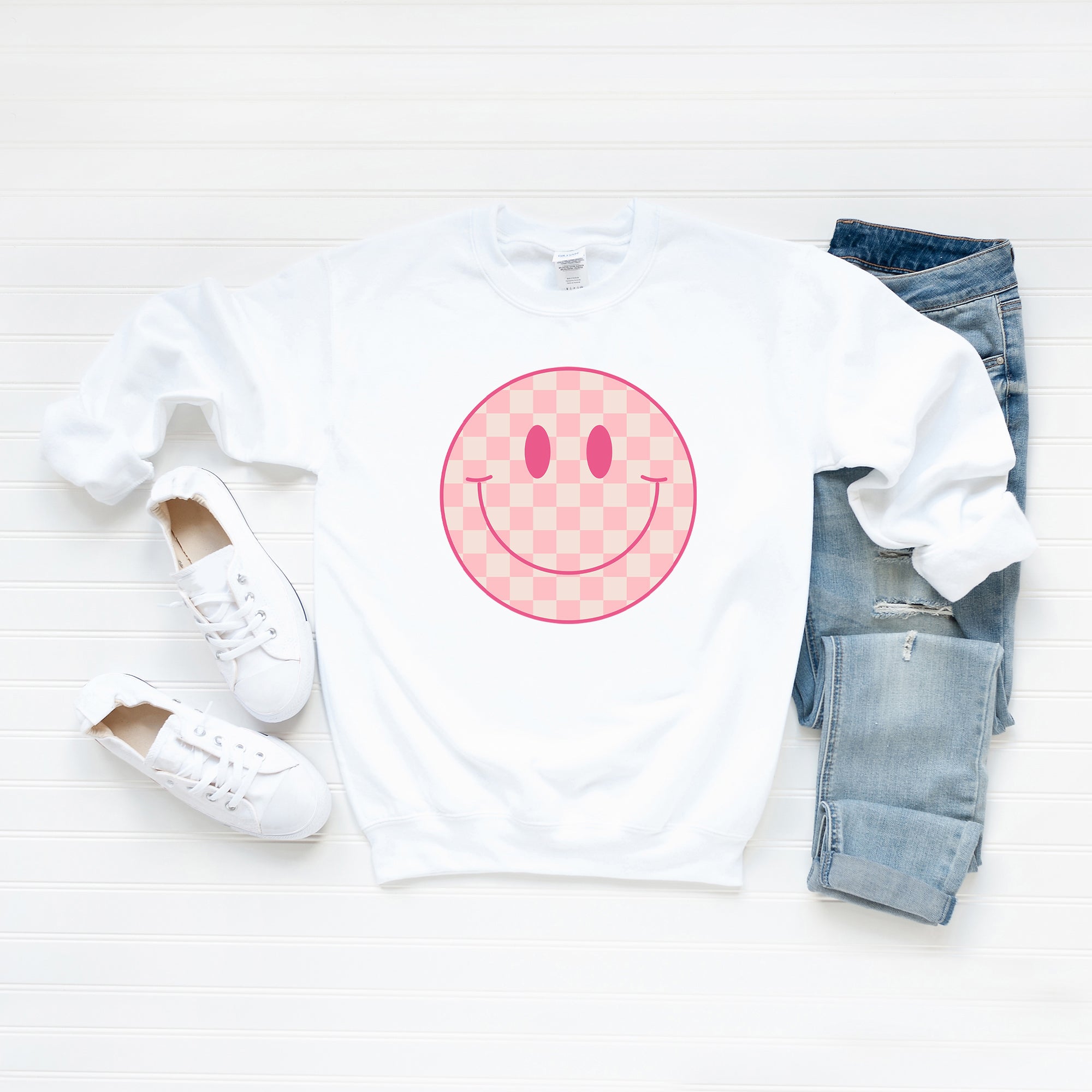 Pink Checker Smiley Face | Sweatshirt