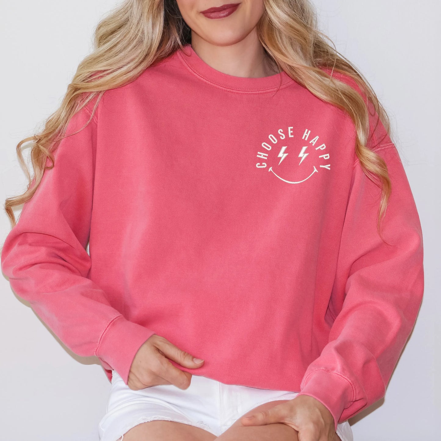 Embroidered Choose Happy Lightning Smiley Face | Garment Dyed Sweatshirt