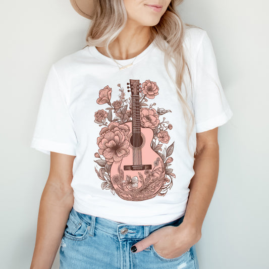 Pink Guitar Floral | Short Sleeve Crew Neck