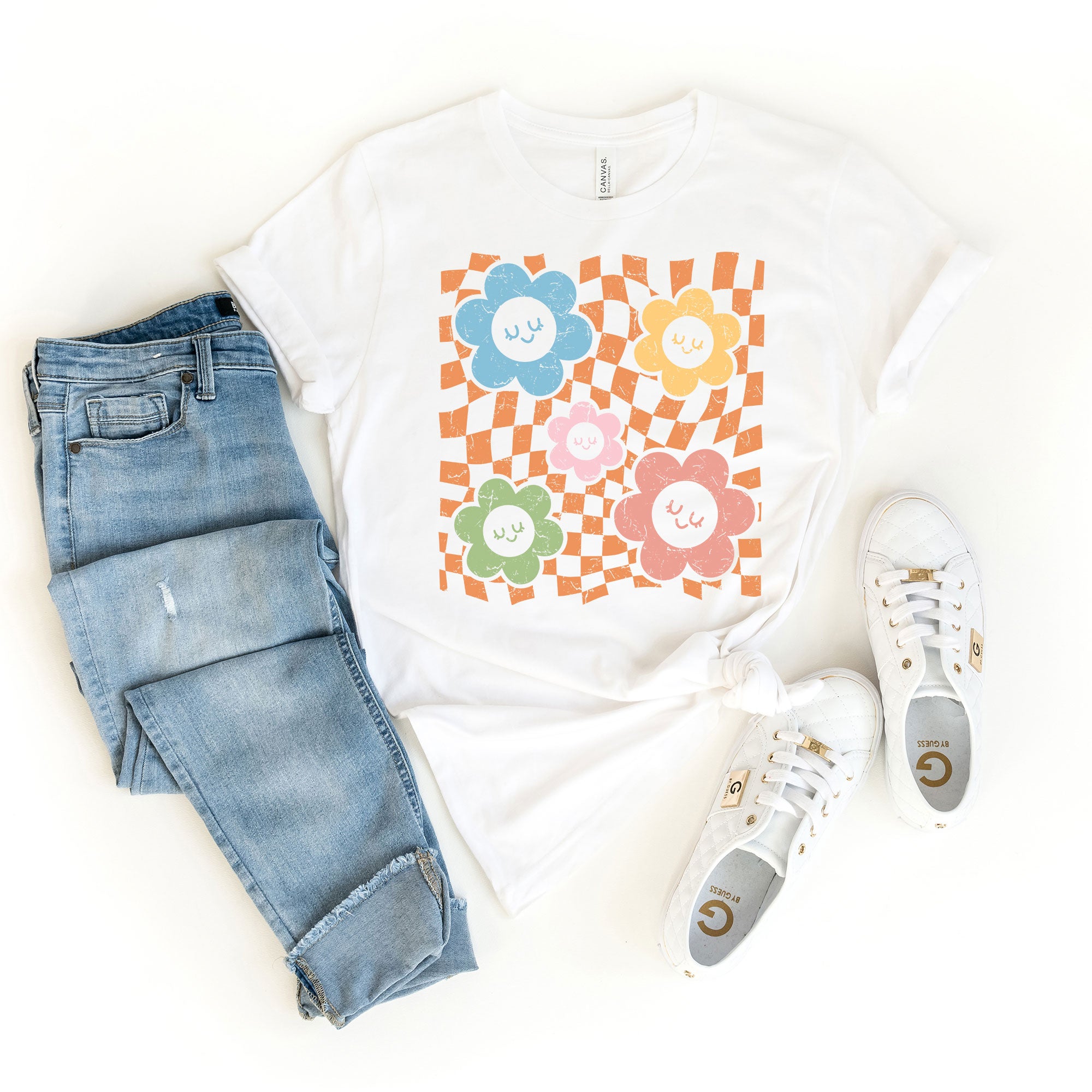 Checkered Flowers And Smiley | Short Sleeve Graphic Tee