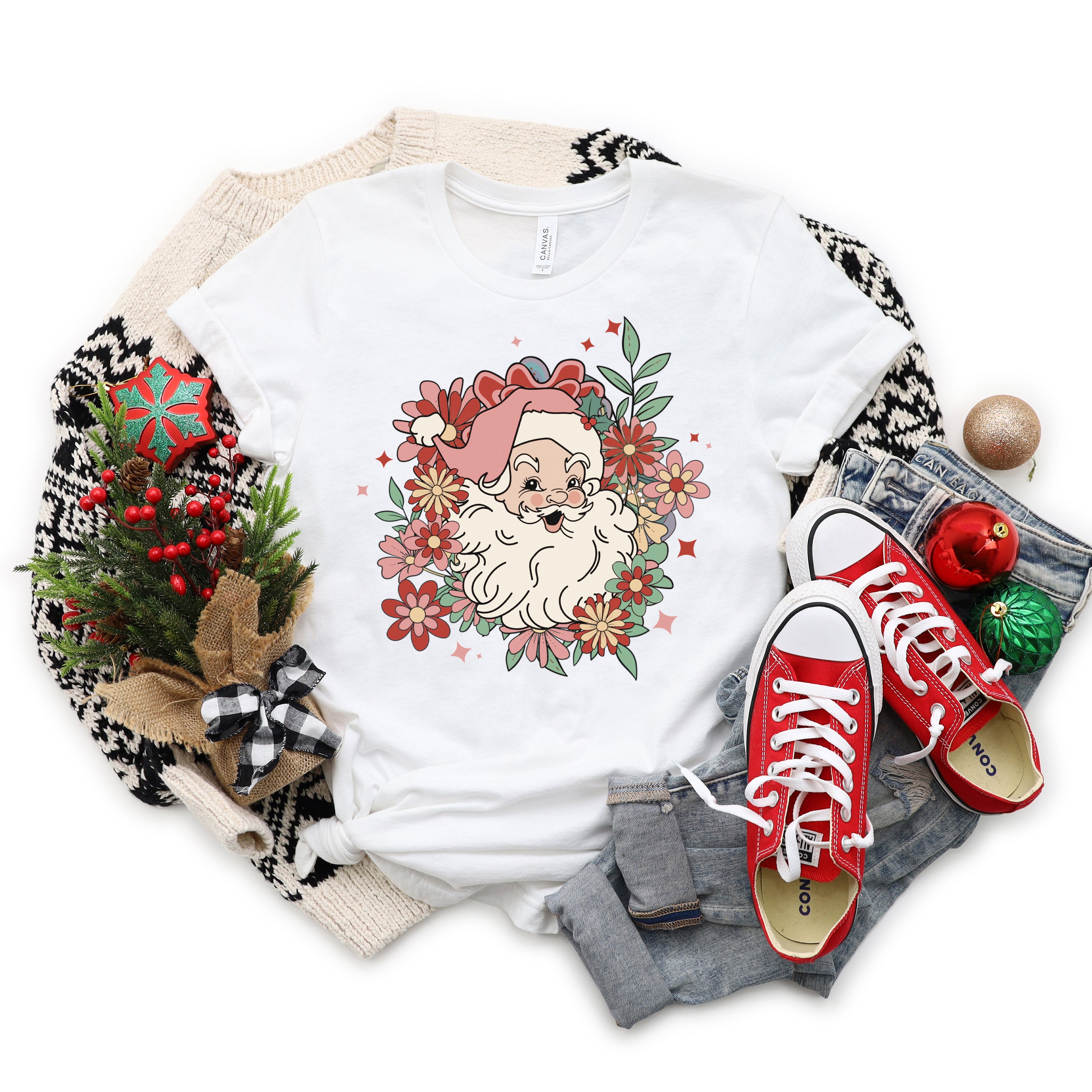 Floral Santa | Short Sleeve Crew Neck