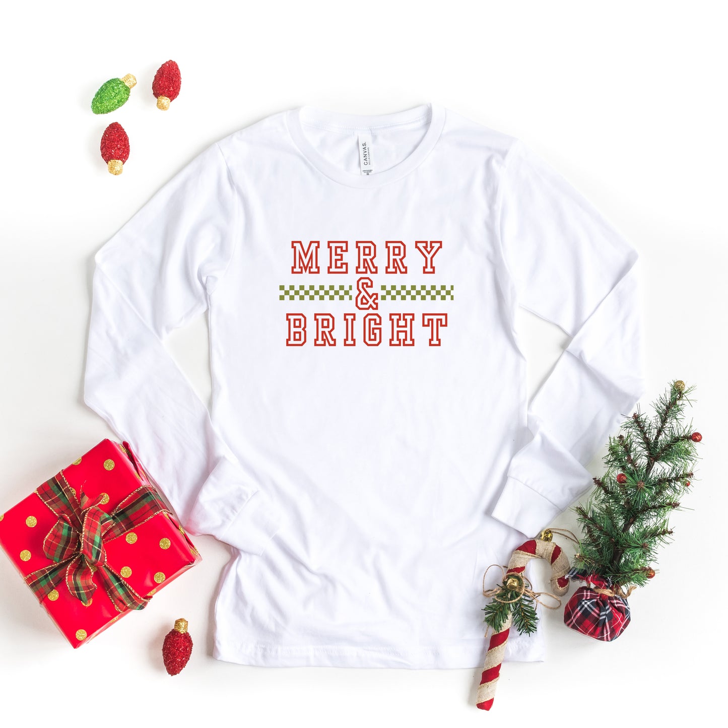 Merry and Bright Checkered | Long Sleeve Crew Neck