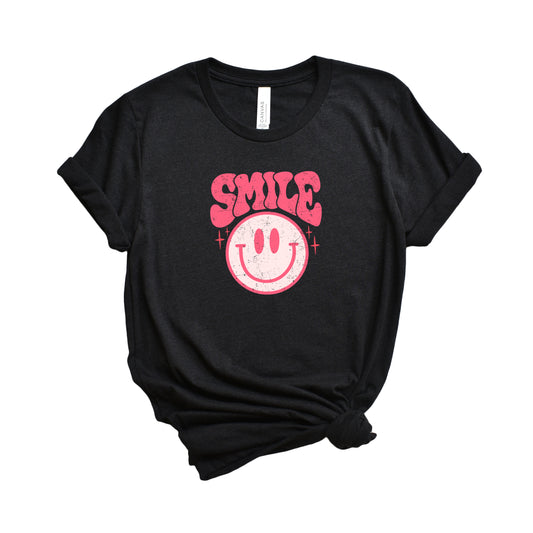 Pink Smiley Distressed | Short Sleeve Crew Neck