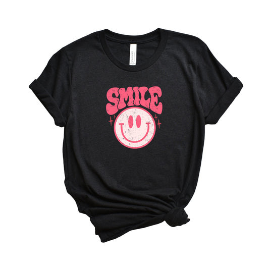 Clearance Pink Smiley Distressed | Short Sleeve Crew Neck