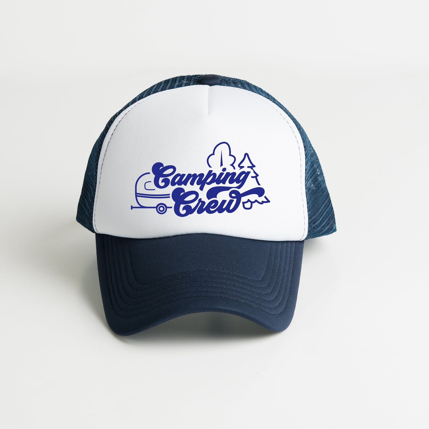 a blue and white trucker hat with a logo