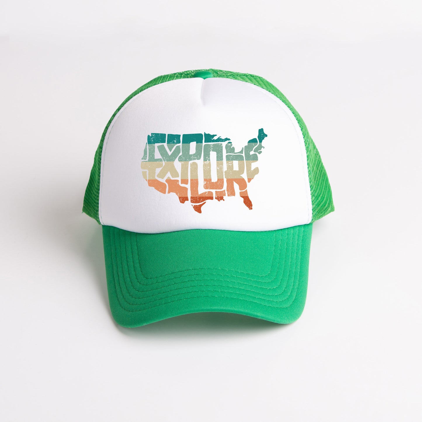 a green and white trucker hat with a map of the united states