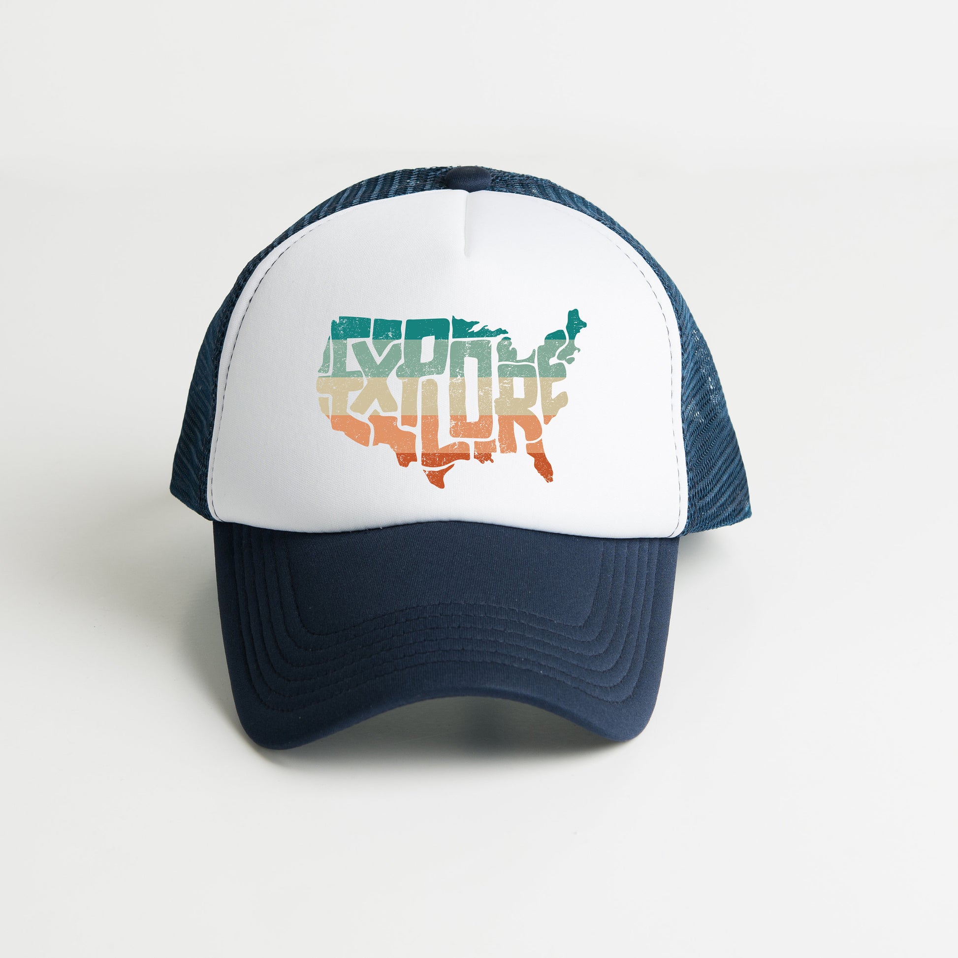 a white and blue trucker hat with the word explore on it