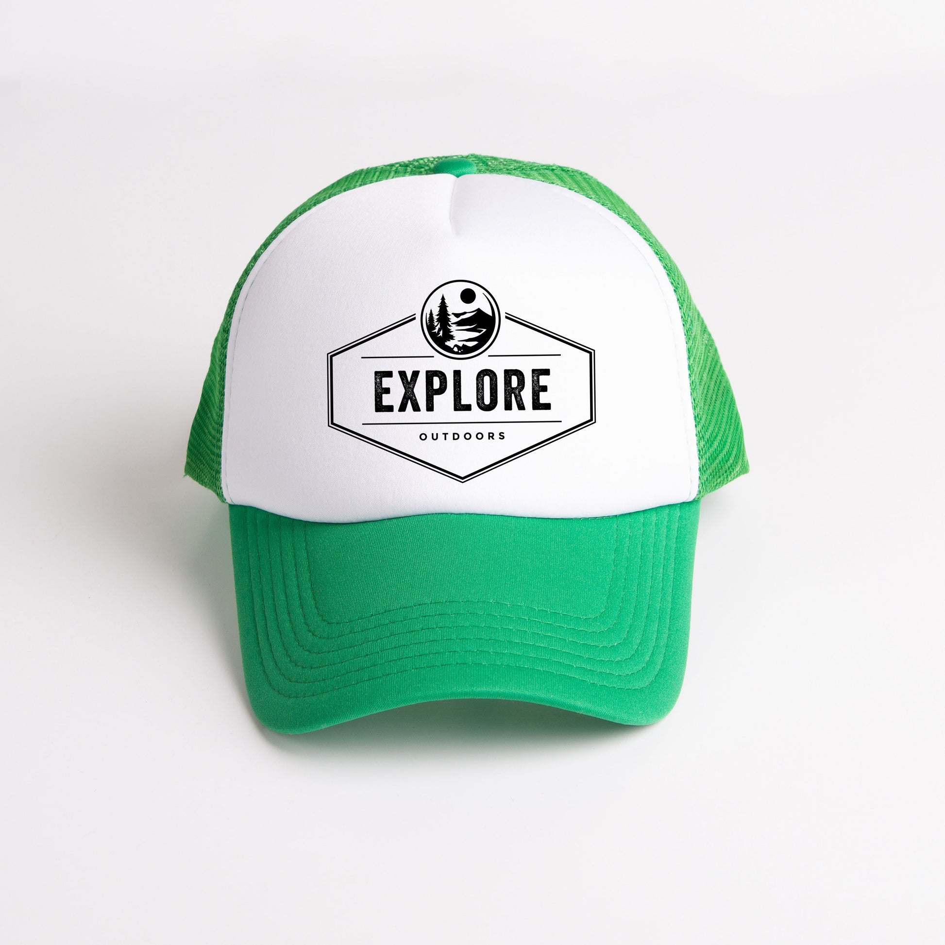 a green and white hat with the words explore on it