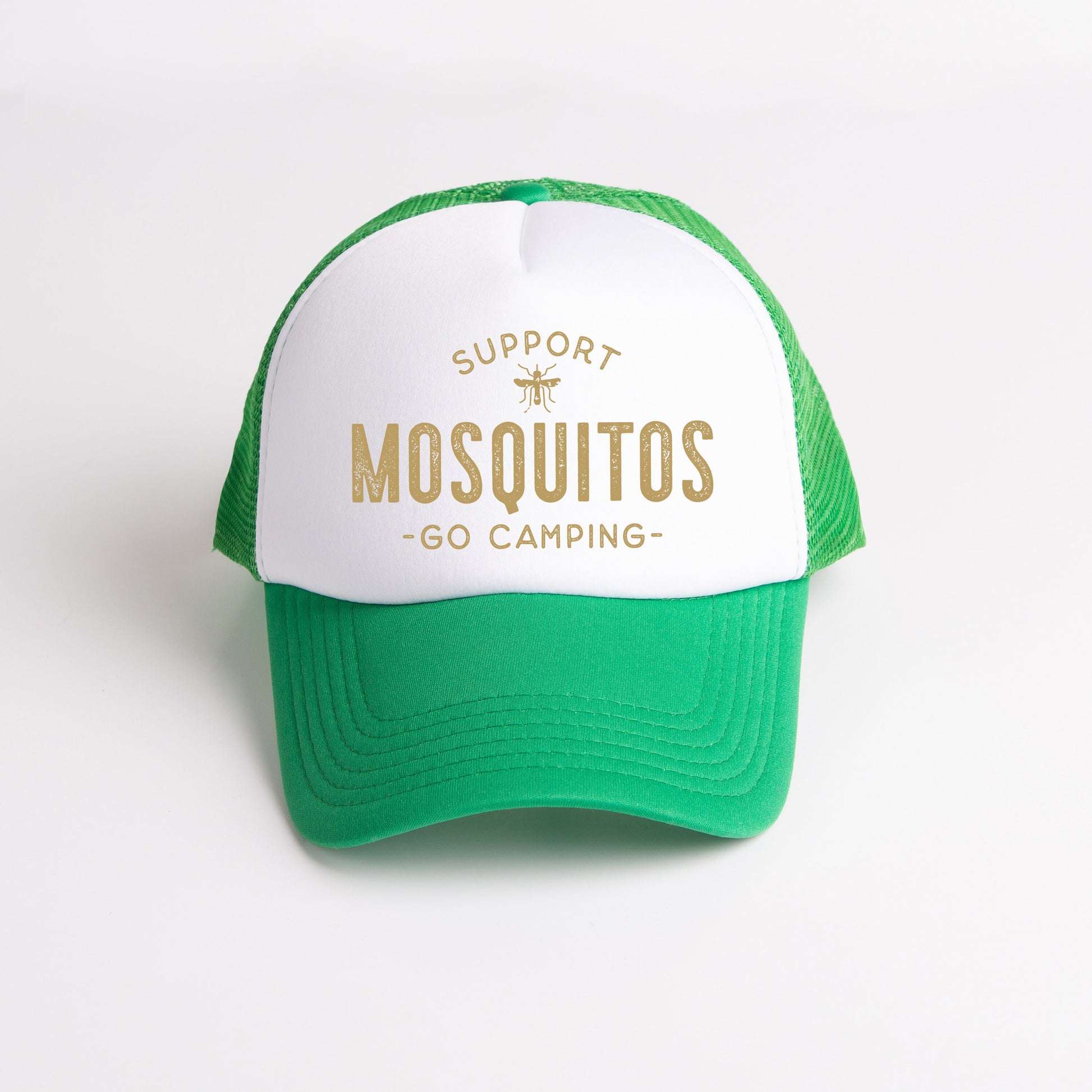 a green and white trucker hat that says support mosquitoos go camping