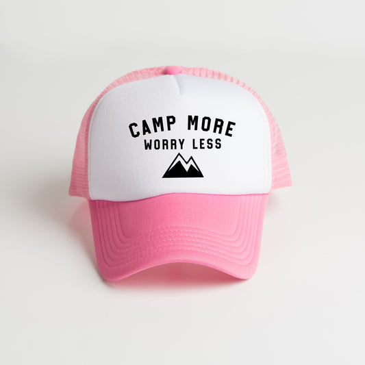 a pink and white trucker hat that says camp more worry less
